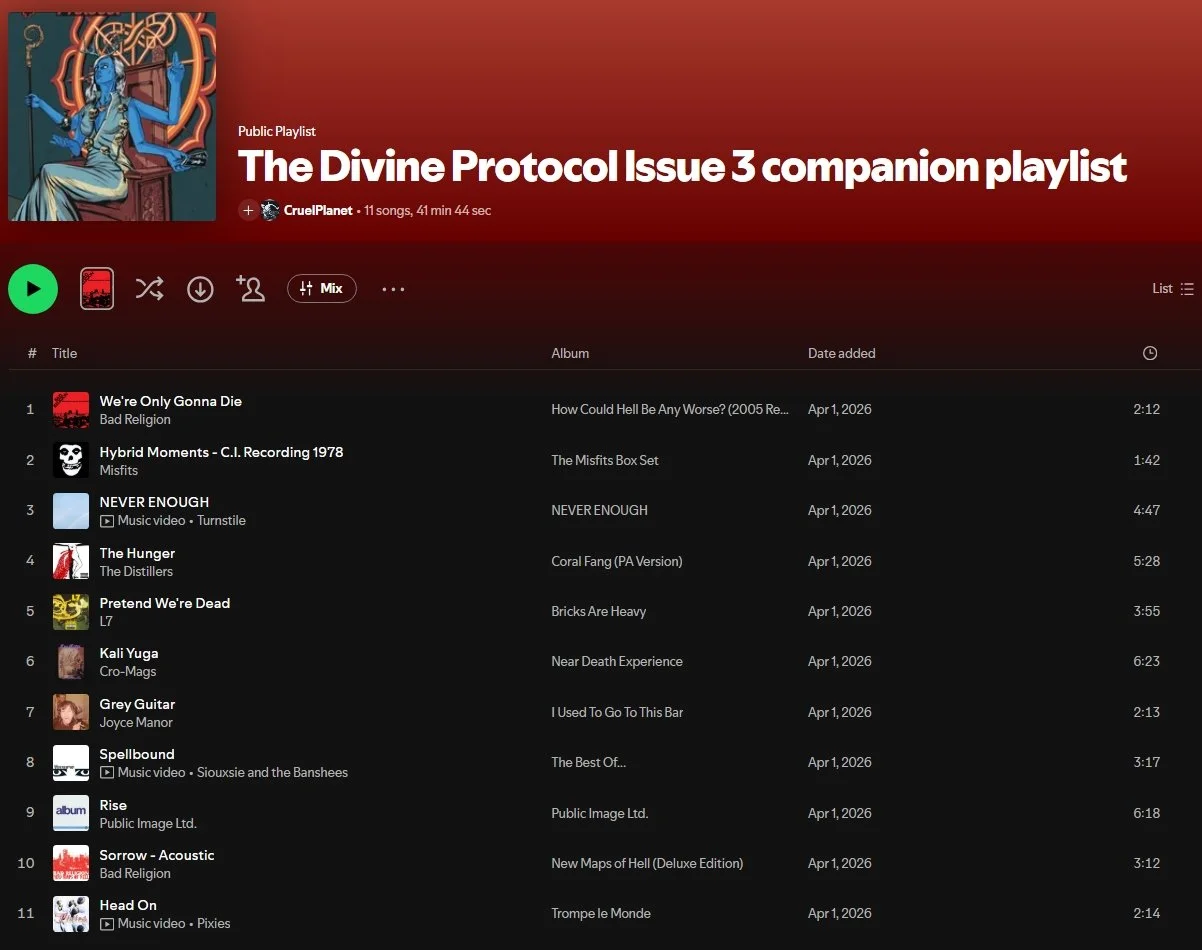 Screenshot of a Spotify playlist titled 'The Divine Protocol Issue 3 companion playlist,' featuring 11 songs with details such as song titles, artists, album names, and dates added, against a red gradient background with an album cover in the top left corner.