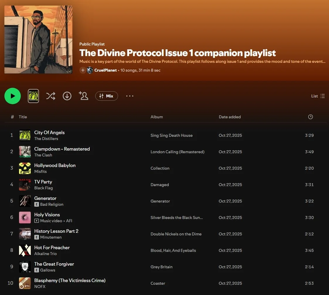 Screenshot of a music playlist titled "The Divine Protocol Issue 1 companion playlist" on Spotify. The playlist features 10 songs, including "City Of Angels" by The Distillers and "Clarkdown - Remastered" by The Clash, with a total duration of about 31 minutes.
