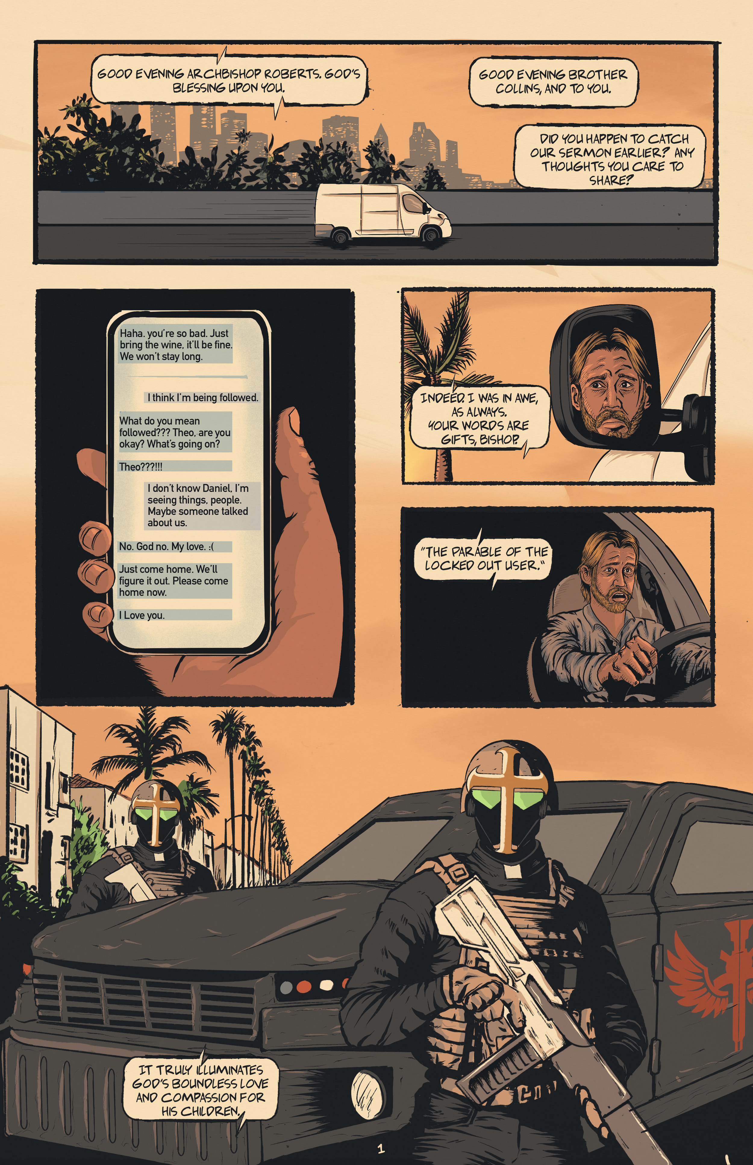 Comic strip scene with a city skyline background at sunset. In the foreground, two armed figures wearing black tactical gear and helmets with green visors are seated in a military vehicle with a phoenix emblem. The scene includes speech bubbles with conversations about church, love, and divine blessings.
