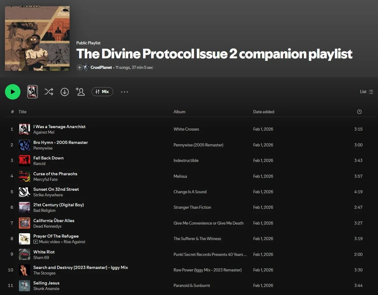 Screenshot of a music playlist titled 'The Divine Protocol Issue 2 companion playlist' by CruelPlanet, featuring 11 songs from various albums, added on February 1, 2026.