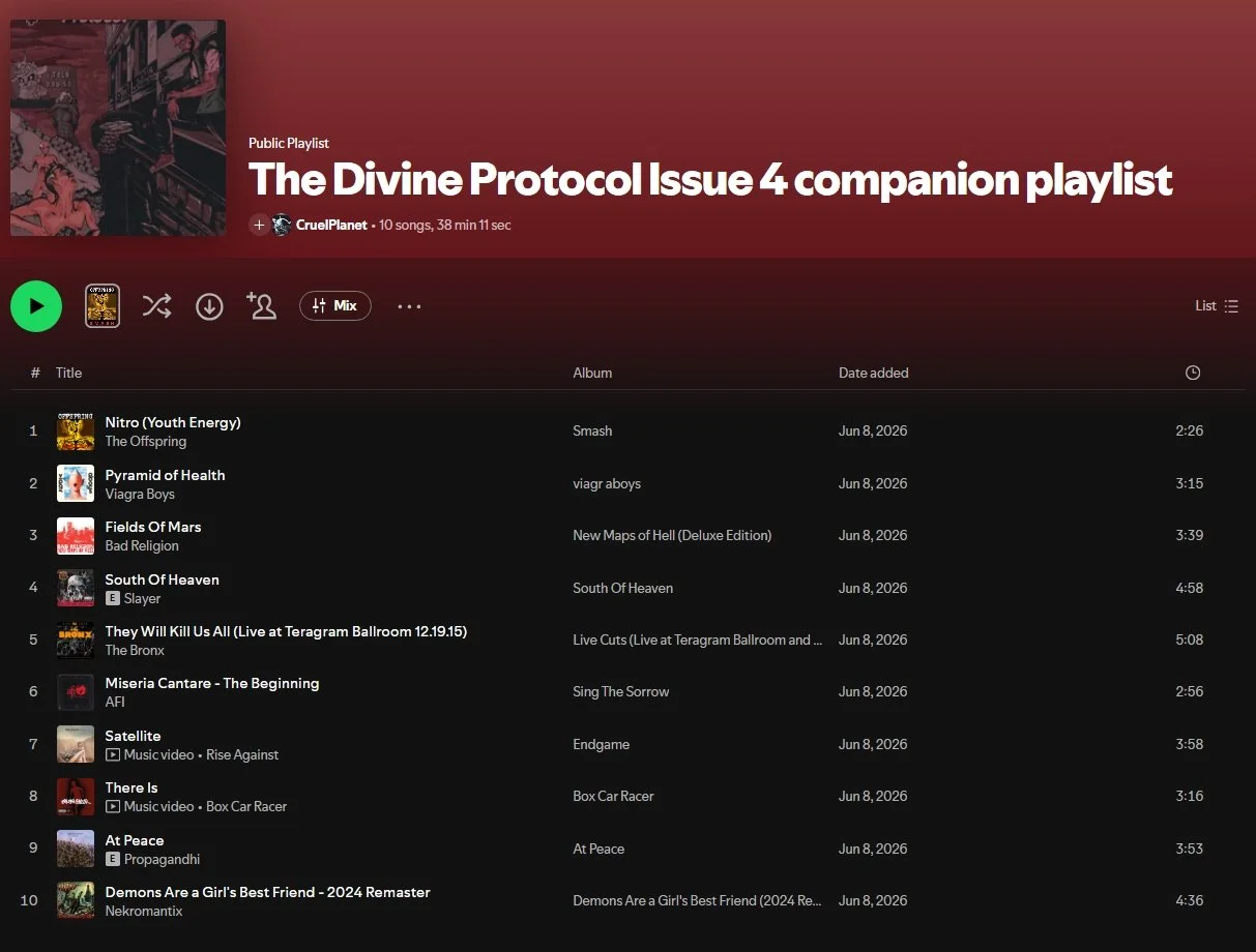 Screenshot of a Spotify playlist titled 'The Divine Protocol Issue 4 companion playlist' with 10 songs from various artists and albums, including song titles like 'Nitro (Youth Energy)', 'Pyramid of Health', and 'Fields of Mars', listed with their durations.