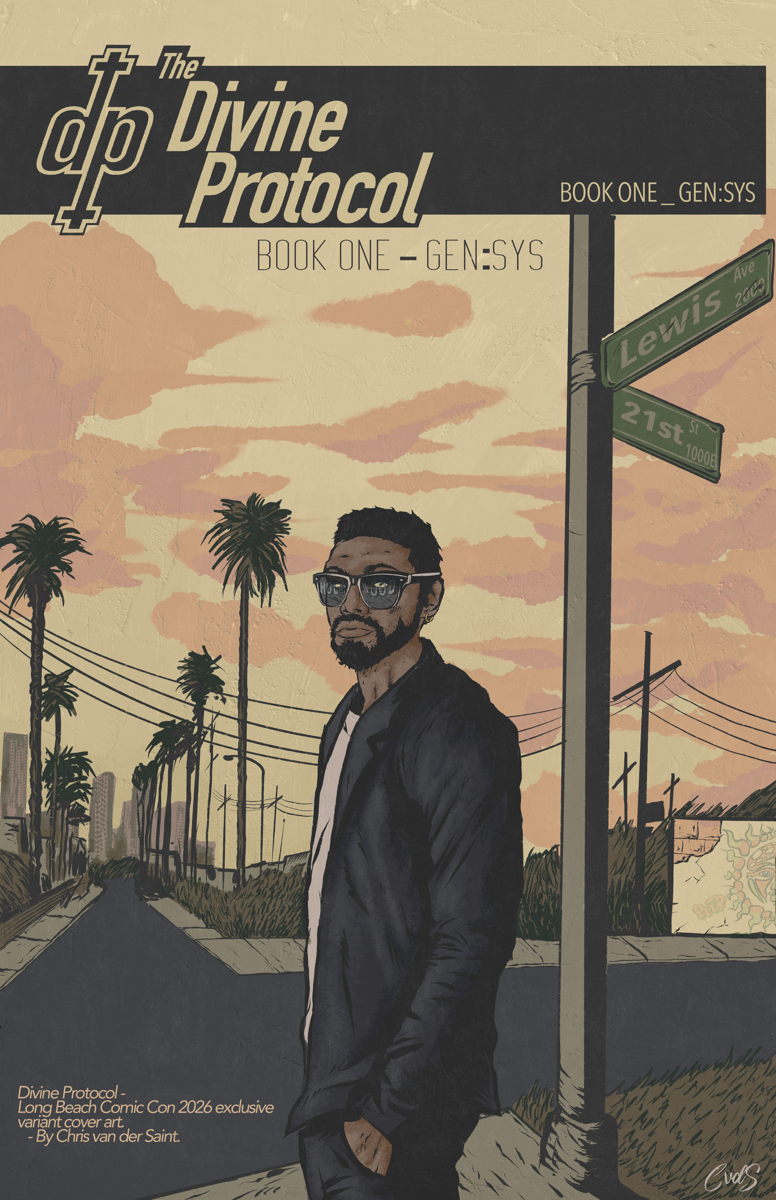 A cartoon-style illustration of a man with glasses and a dark suit standing on a street corner during sunset, with palm trees, power lines, and city skyline in the background. There are street signs for Lewis Ave and 21st St. The image promotes the comic book 'Divine Protocol' by Chris van der Saint.