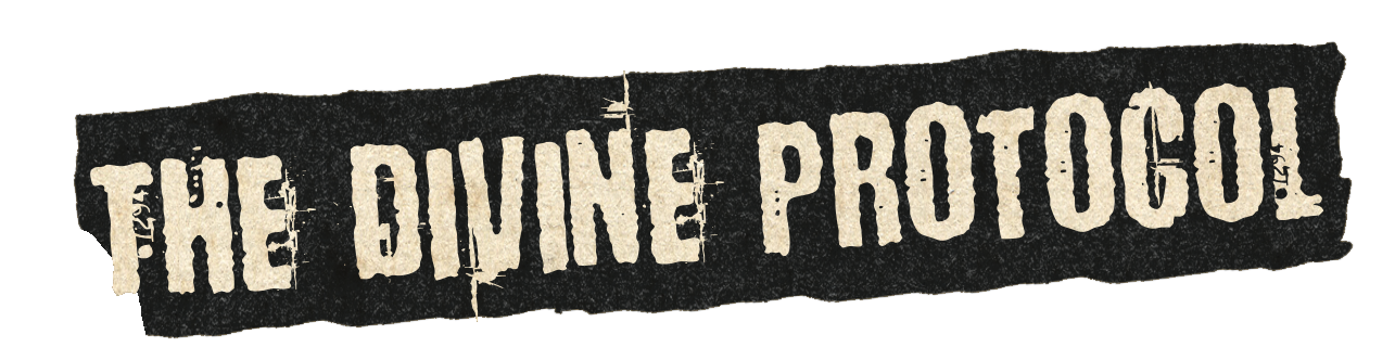 Torn black paper with beige text reading "The Divine Protocol."