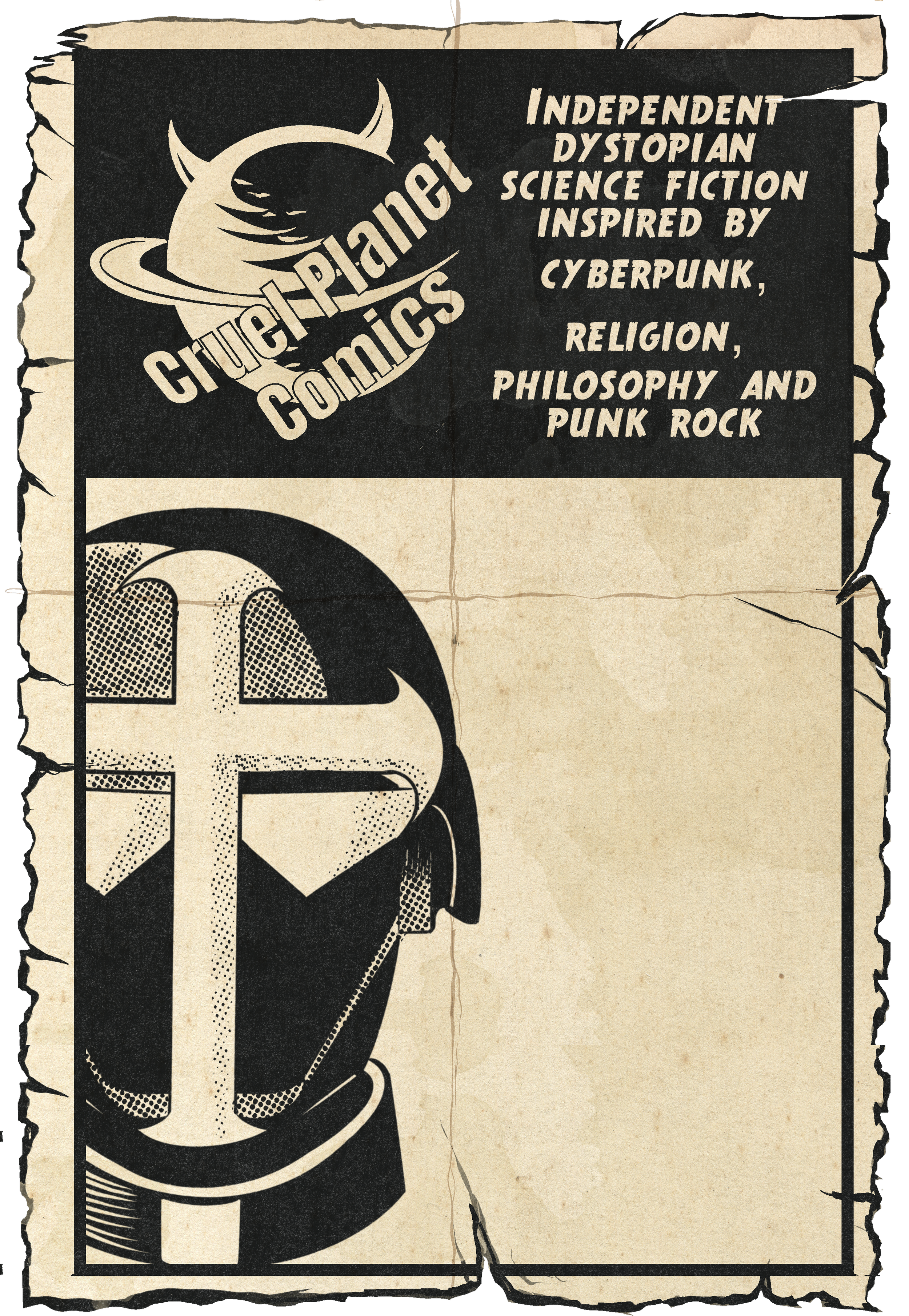 A vintage-style poster with a torn and aged appearance promoting a sci-fi conference called 'Cyberplant Conference'. It features a stylized astronaut helmet with a planet and rings, and text describing it as an independent dystopian science fiction event inspired by cyberpunk, religion, philosophy, and punk rock.