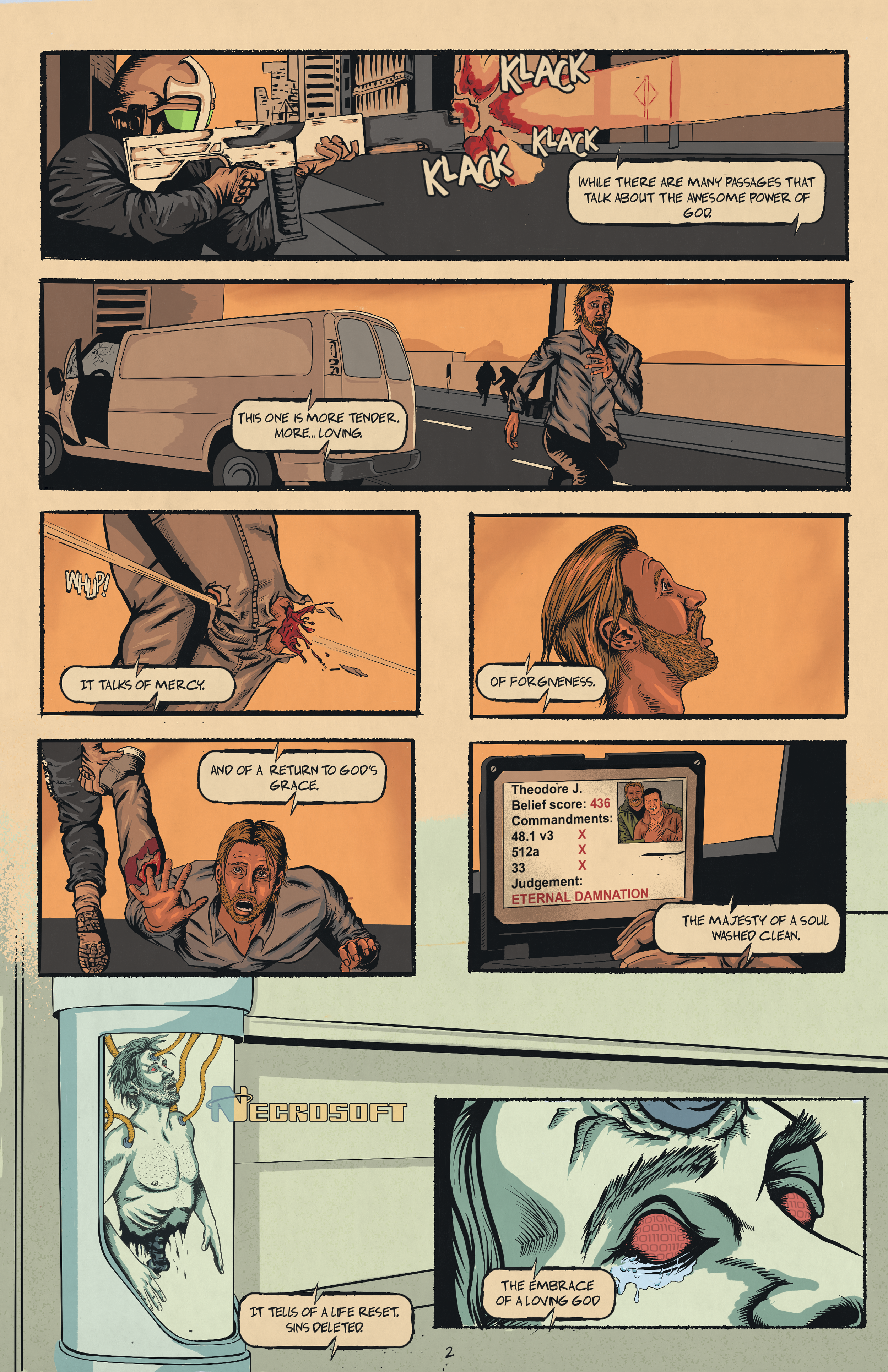 Comic strip featuring a person firing a gun, a man running on a bridge, a bloody injury, and a display showing belief score, commandments, and judgment, with religious and apocalyptic themes.