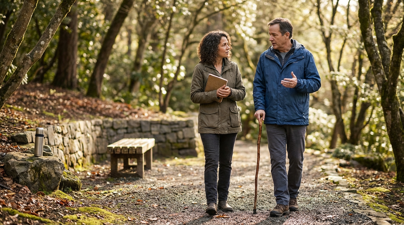 A woman and a man walking and talking along a wooded trail during a sunny day. The woman is holding a clipboard, and the man has a walking stick.