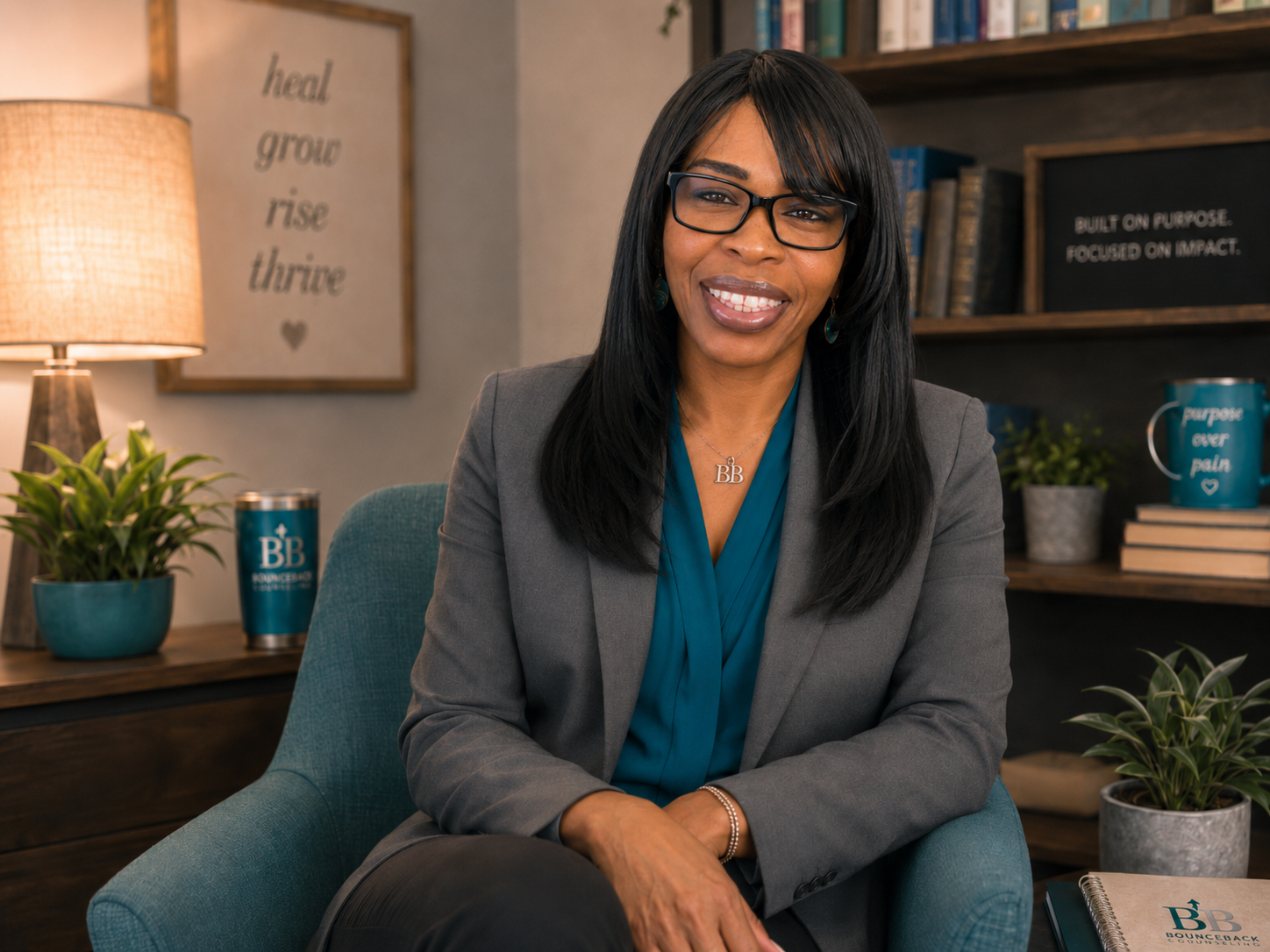 Veronica Vaughn, LCSW, seated in a warm counseling office. Behind her is a wooden bookshelf with books, a sign that reads 'Built on purpose, focused on impact.