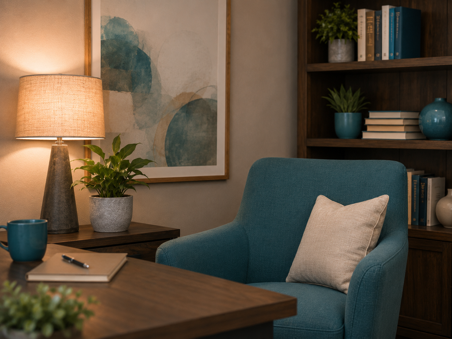 A cozy living room corner with a notebook with a pen, a potted plant, a lamp, an abstract art piece on the wall, and a wooden bookshelf with books and potted plants.