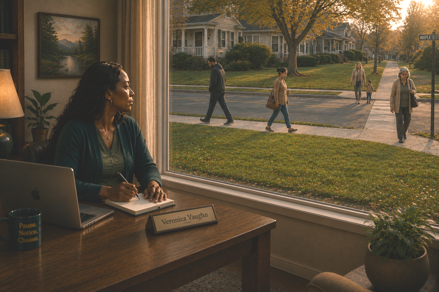 Woman sitting at a desk with a laptop, notepad, and a mug in an office, looking out the window at a neighborhood street with pedestrians during sunset.