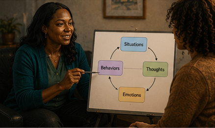 Two women discussing a diagram on a whiteboard labeled 'Situations,' 'Behaviors,' 'Thoughts,' 'Emotions,' with arrows connecting them.