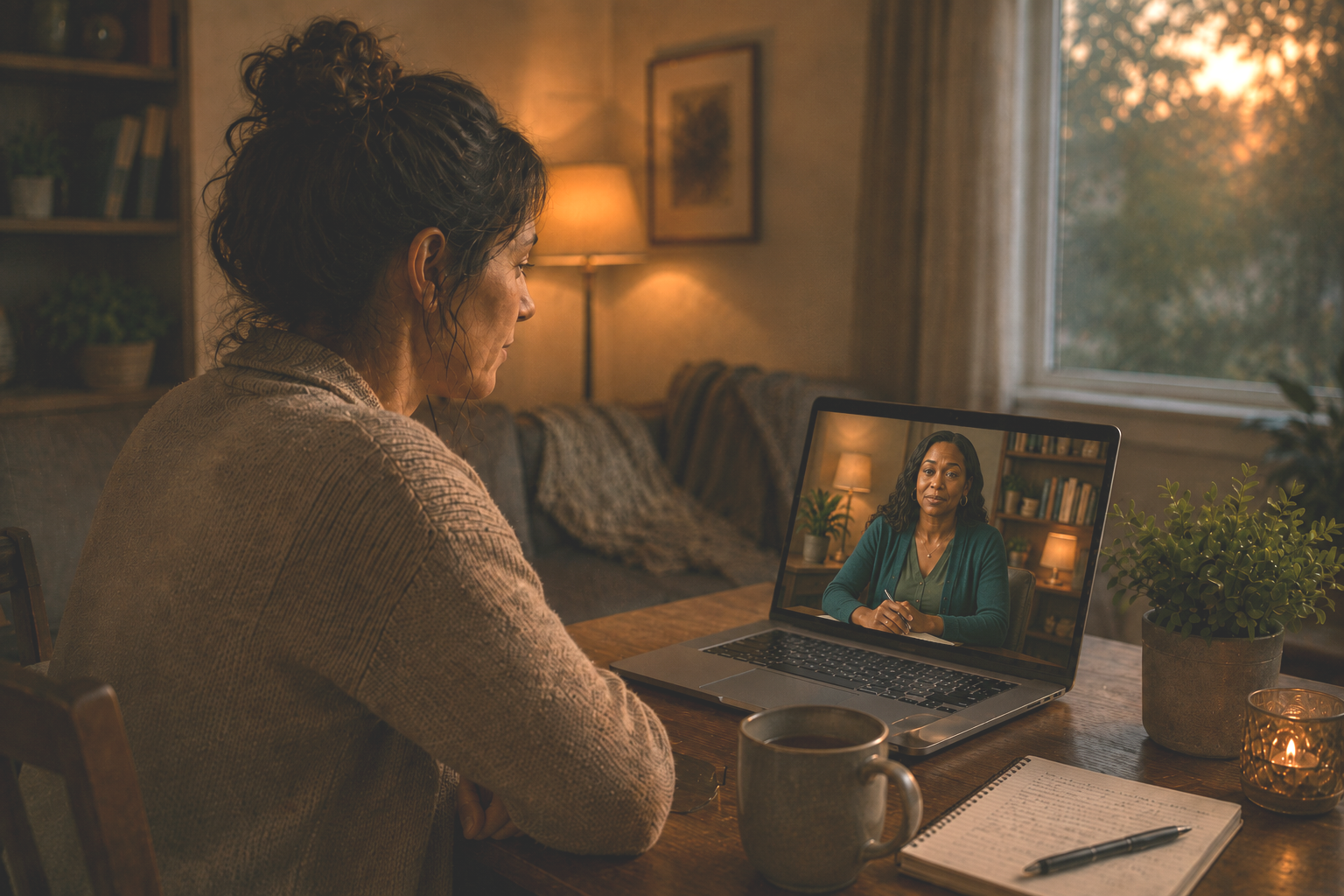 Adult client attending a virtual therapy session from home.