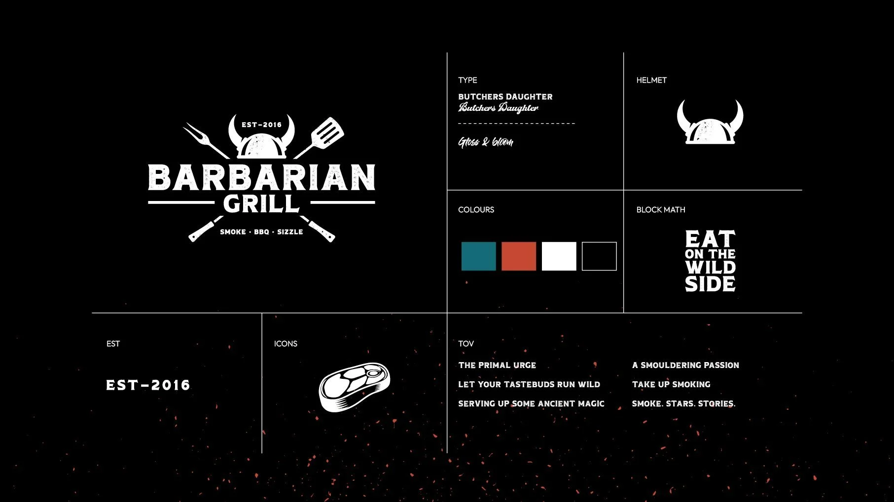 Key assets and elements created as part of the brand identity for Barbarian Grill