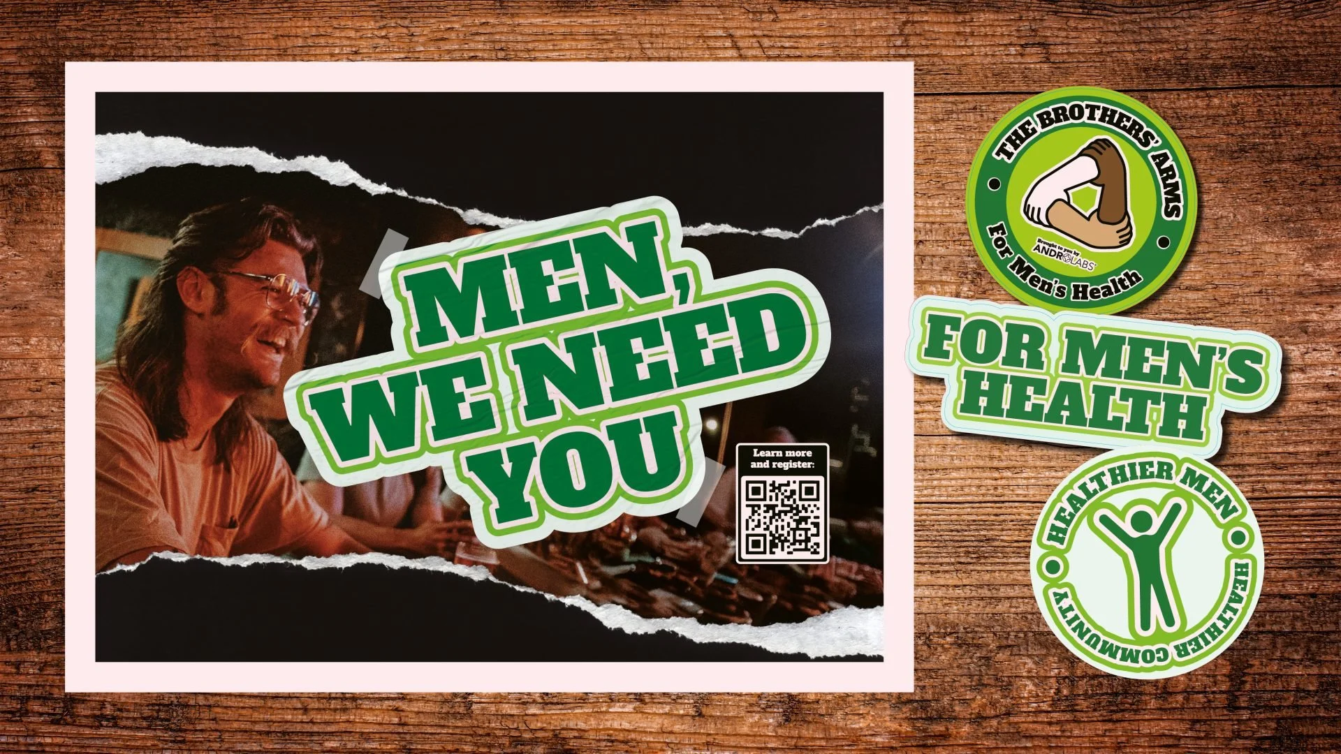 Image with stickers promoting men's health awareness, featuring a logo and text like 'The Brothers Arms for Men's Health' and 'Feel Thinner Men' on a wooden surface background.