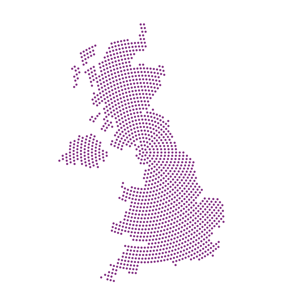 Map of the United Kingdom represented as a dotted purple silhouette on a black background.