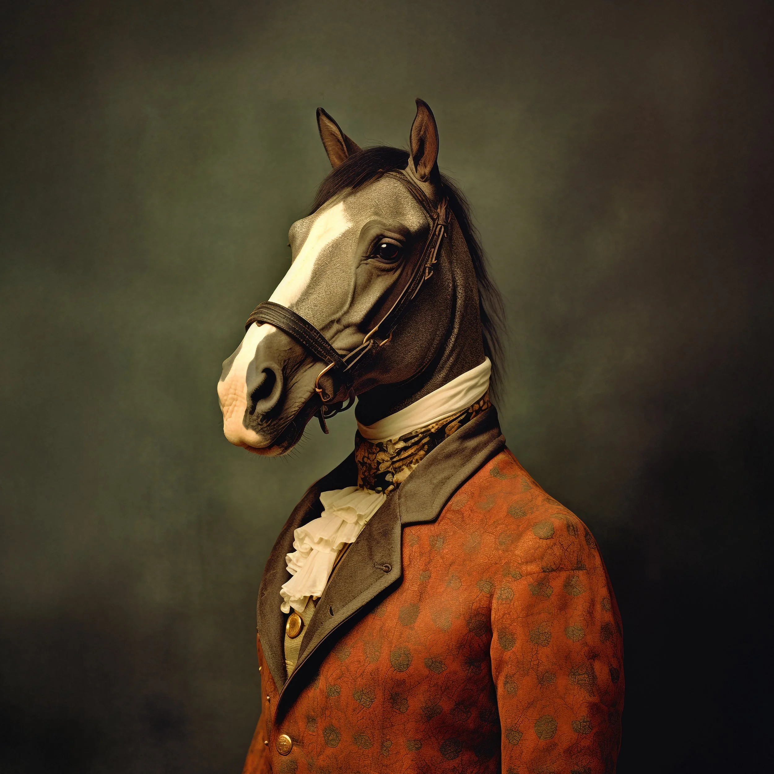Close-up of a detailed, realistic horse's head and upper body, dressed in historical attire, against a dark background.