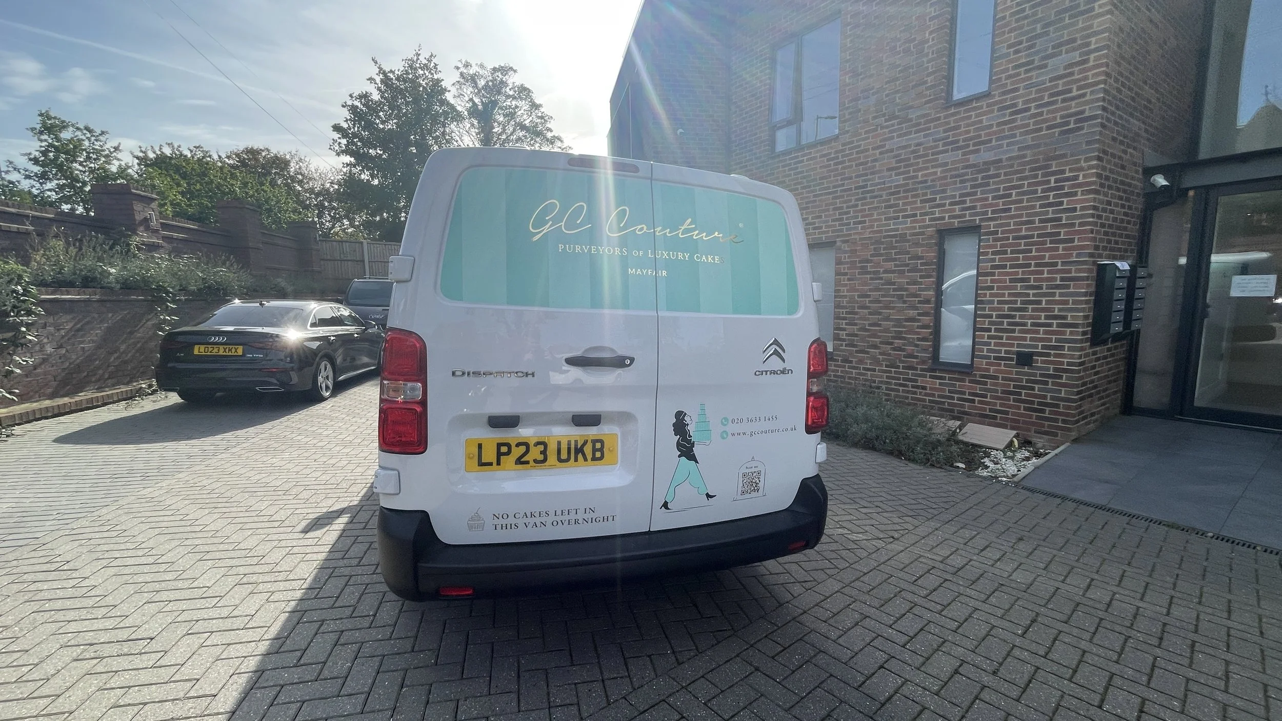 Rear of GC Couture Citroën Dispatch with branded turquoise panels and contact details.JPG