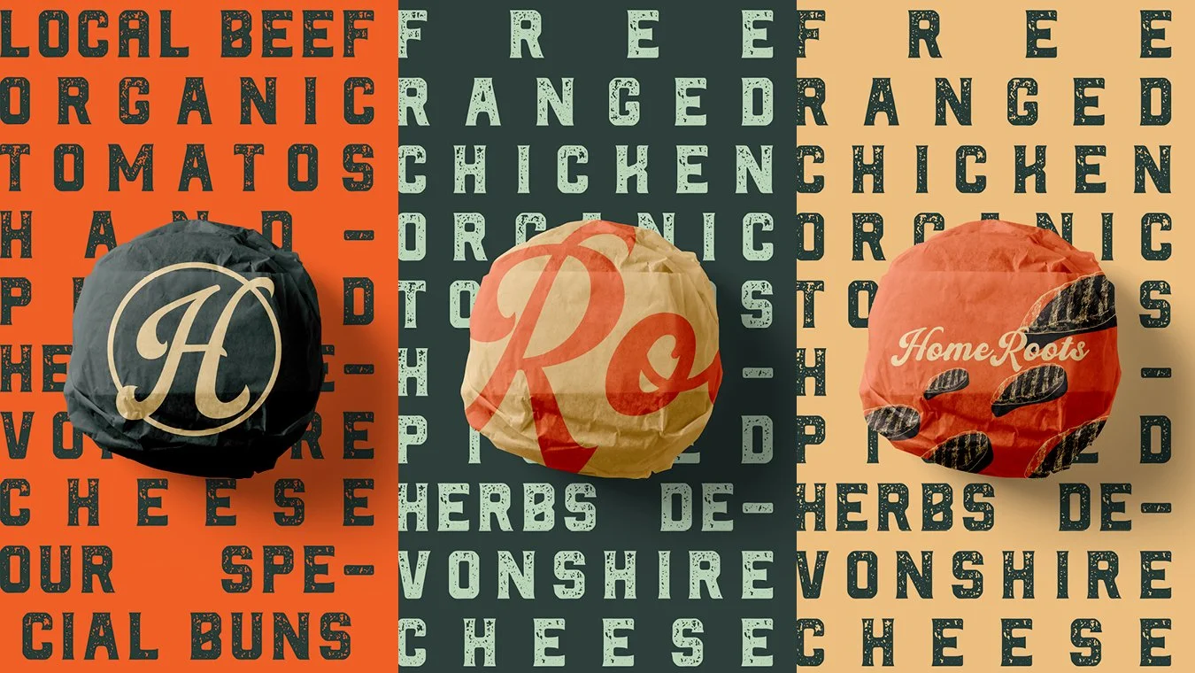 Branded burger food packaging with the new Home Roots logo and design