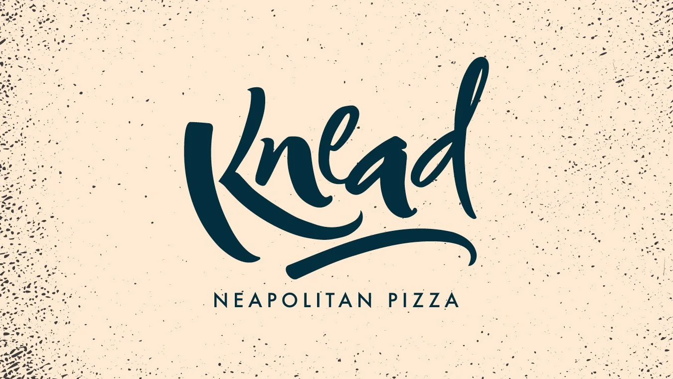 Stylish logo for 'Knead Neapolitan Pizza' on a speckled beige background.