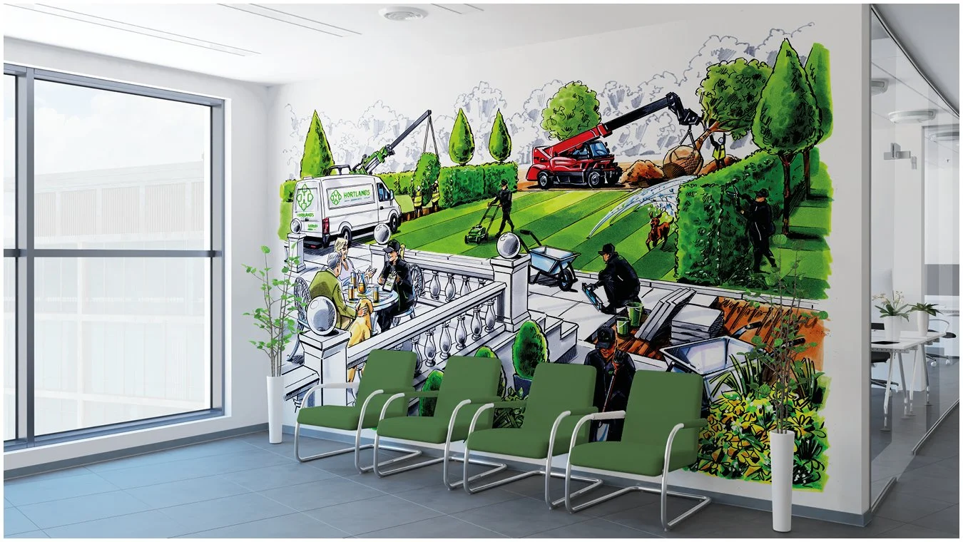 An indoor waiting area with three green chairs, plants, and a large wall mural showing garden maintenance workers trimming trees and bushes, using equipment like a lift, a truck, and a wheelbarrow.