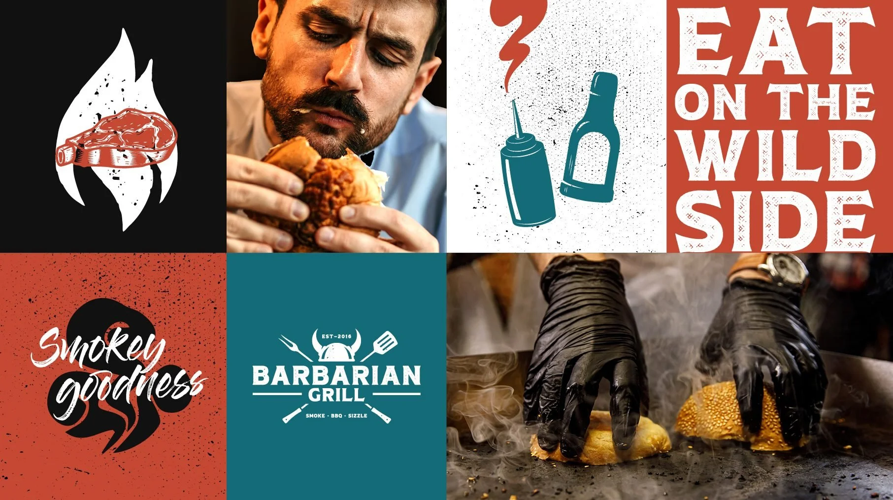 Brand wall of colours, typography and assets for the Barbarian Grill redesign by Toy Creative