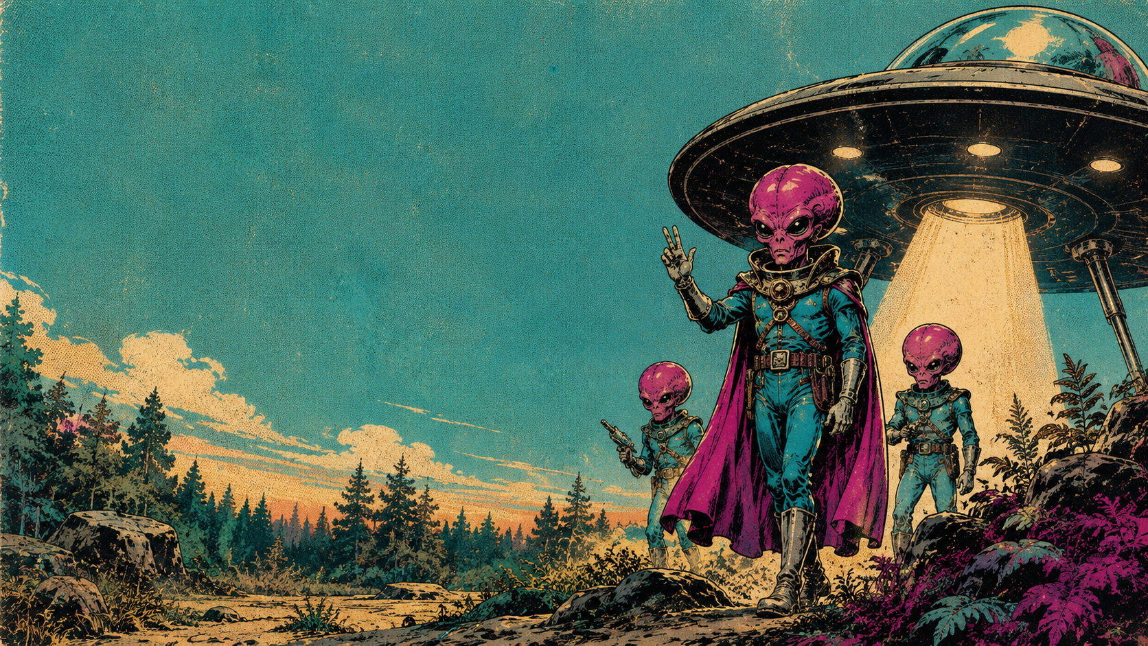 Three pink-skinned aliens with large heads and black eyes, dressed in space costumes, walking on rocky terrain with trees, under a teal sky, near a large flying saucer emitting a light beam.