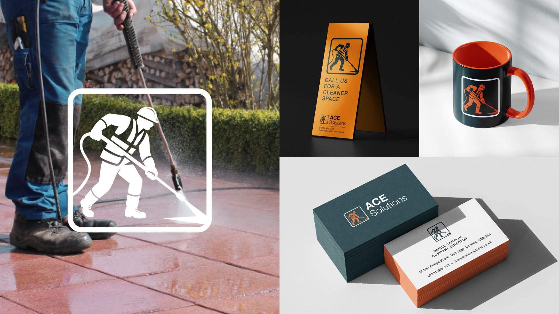 Left side shows a person pressure washing a brick surface outdoors, with a white icon of a worker with a pressure washer overlaid. The right side displays business branding and promotional materials for ACE Solutions, including a yellow sign with a w