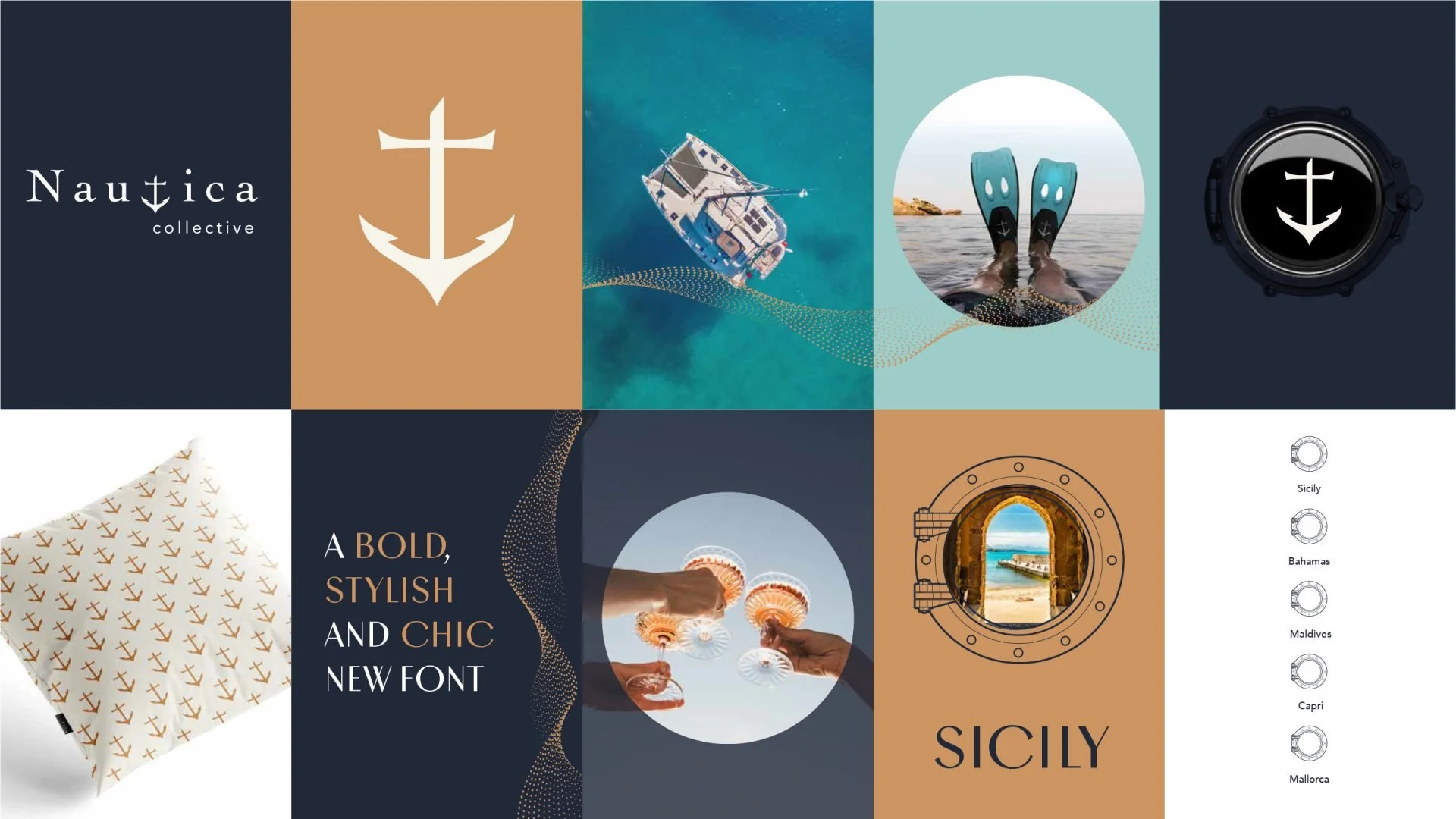 Nautica Collective brand colour palette in navy, champagne and white