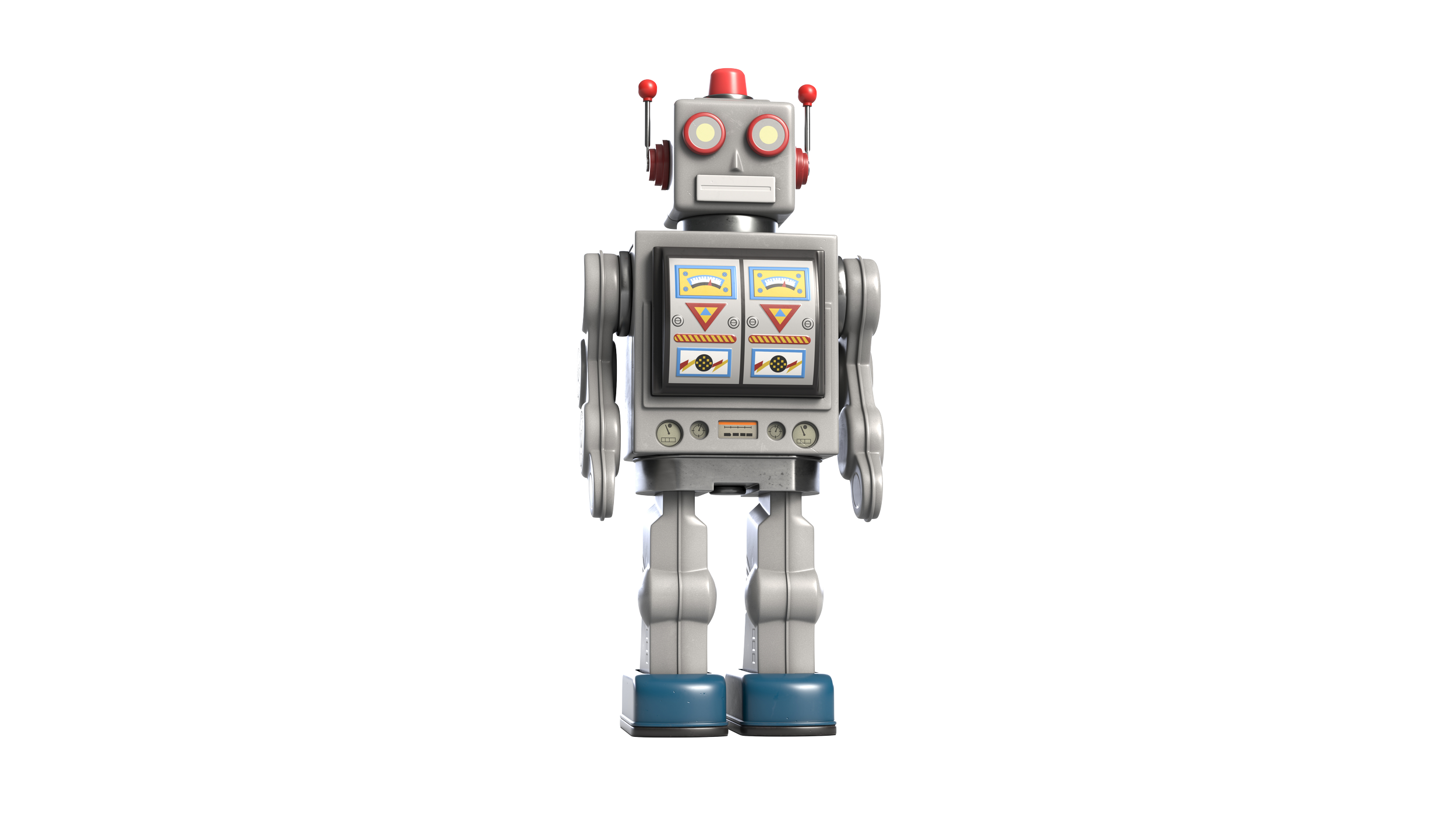 A vintage-style robot with a boxy body, grey and red color scheme, and antennae on its head, standing on a black background.