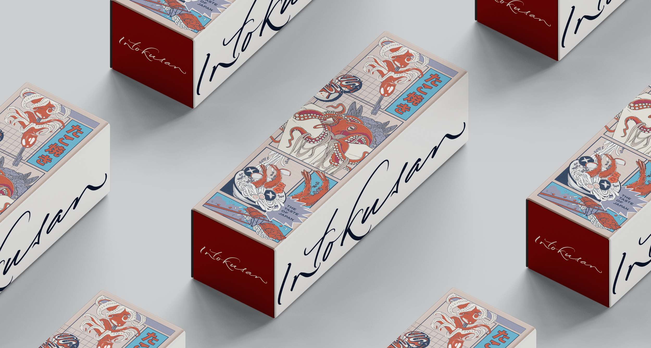 Box of Takuman seafood product with Japanese-style illustration of a red octopus and crab on the packaging, featuring a grid background and Japanese text.