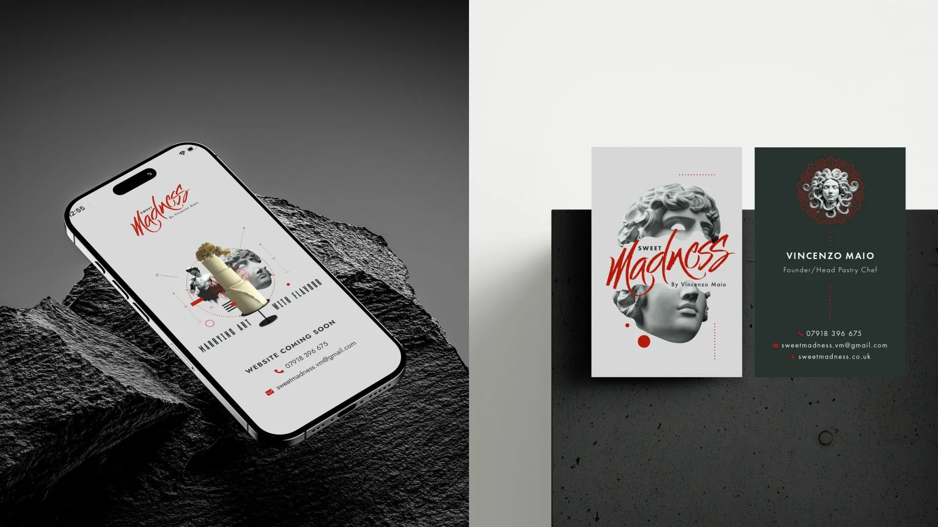 Promotional image for Sweet Madness by Vincenzo Maio featuring a smartphone with event details and two business cards, one with a classical sculpture head and the other with contact information.