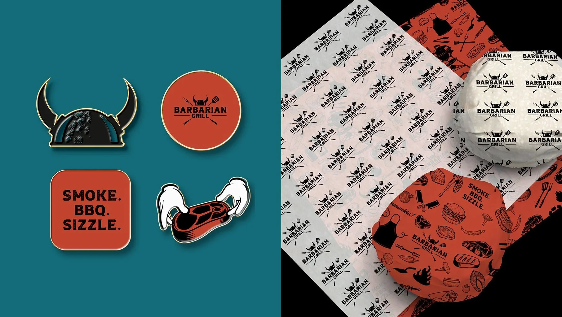 Metal badge pins and branded greaseproof paper designed for the Barbarian Grill rebrand
