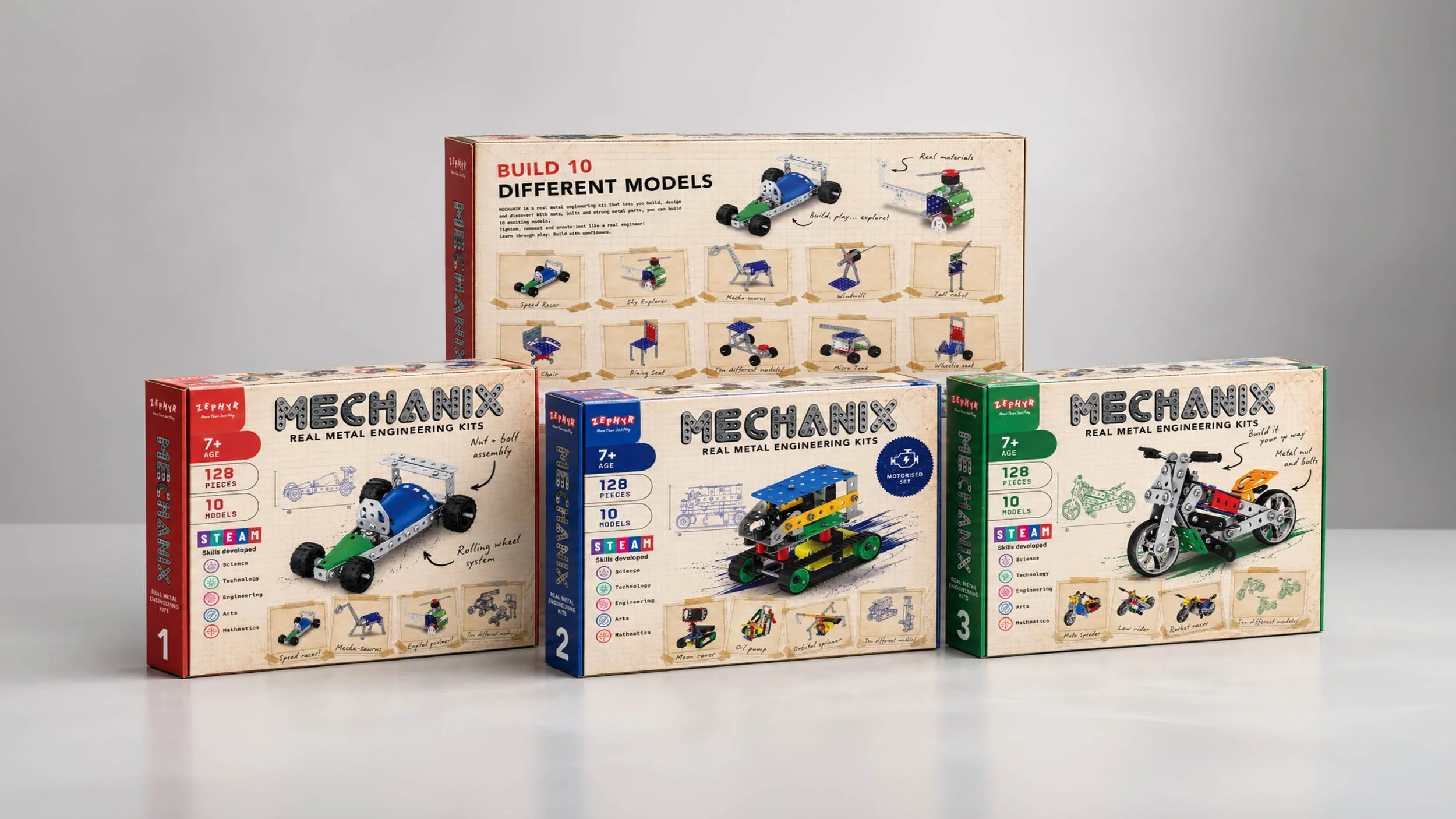 MECHANIX Starter Set, Robotix and Motor Bikes packaging with a shared notebook design and range colour accents.