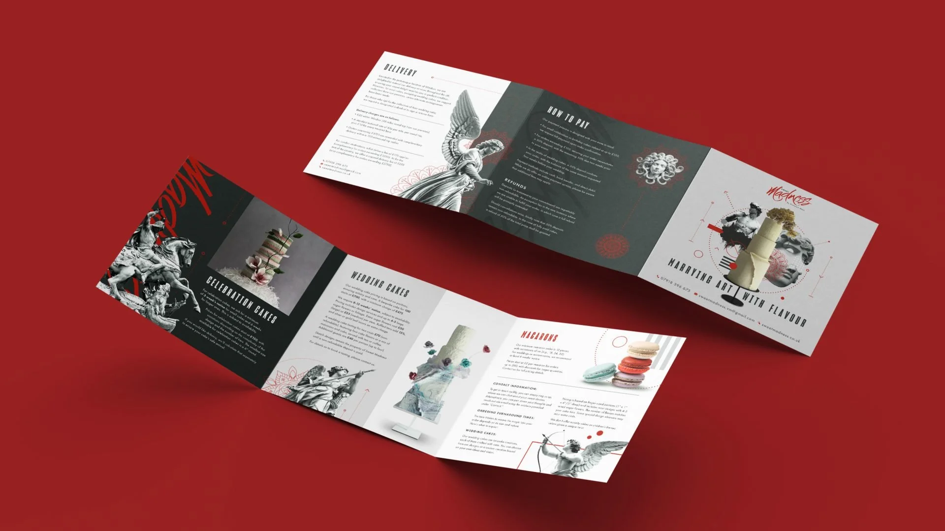 Tri-fold brochure on red background with images of classical statues, cakes, macarons, and artistic designs for a celebration or event planning service.