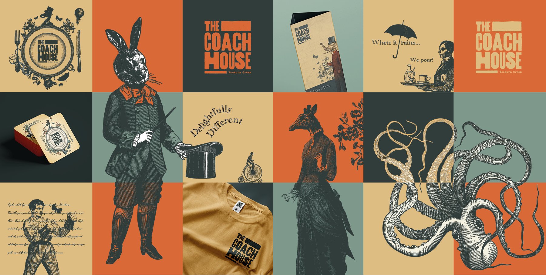A collage featuring vintage-style illustrations and modern branding for The Coach House in Wooburn Green. It includes a rabbit-headed figure in Victorian clothing, an octopus, a woman riding a bicycle, a man with a bird on his shoulder, and various promotional materials like coasters, a shirt, and a menu, with text such as "Delightfully Different" and "When it rains... We pour!".