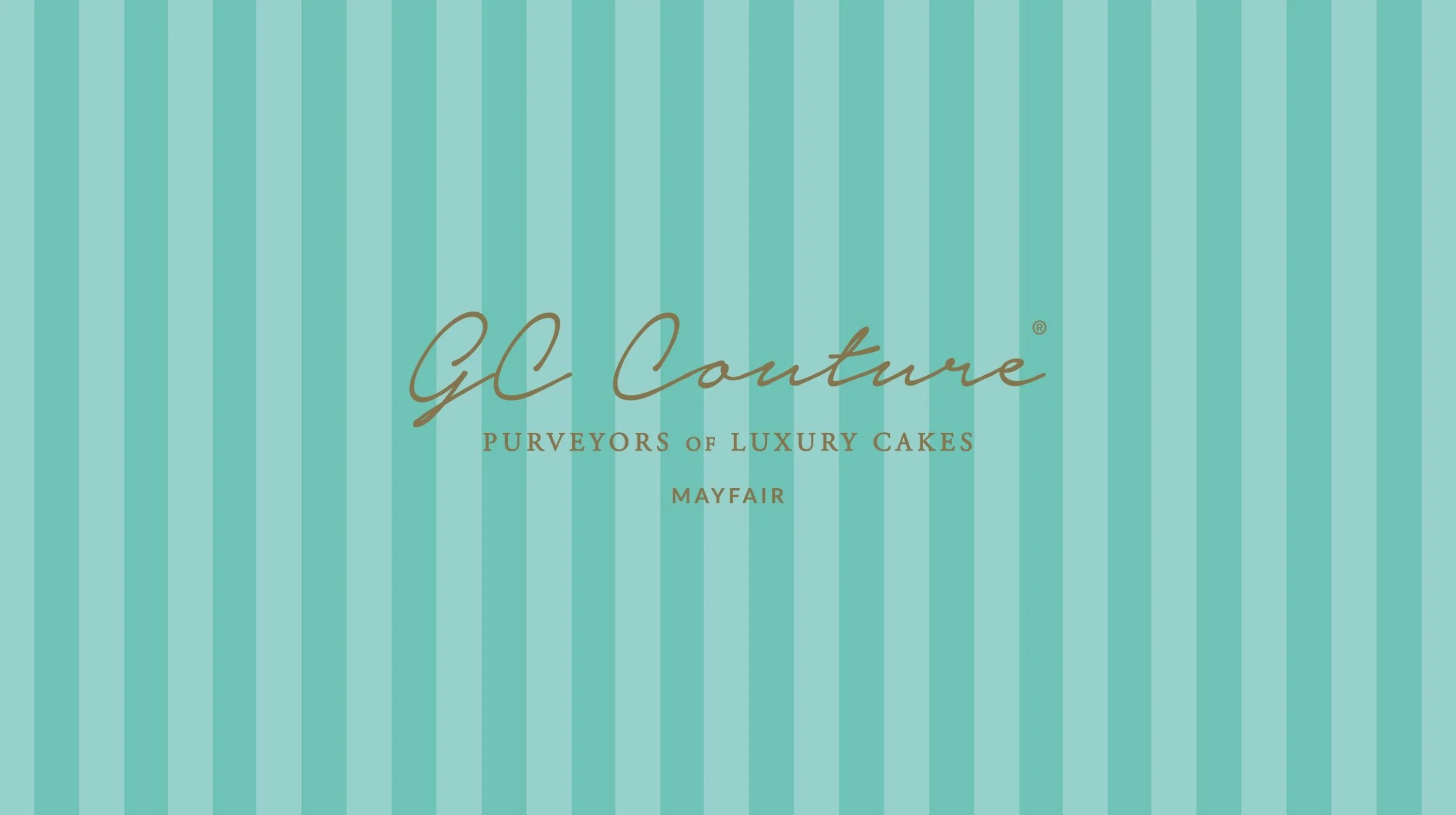 A turquoise and white striped background with elegant text that reads 'GC Couture' and 'Purveyors of Luxury Cakes Mayfair'}