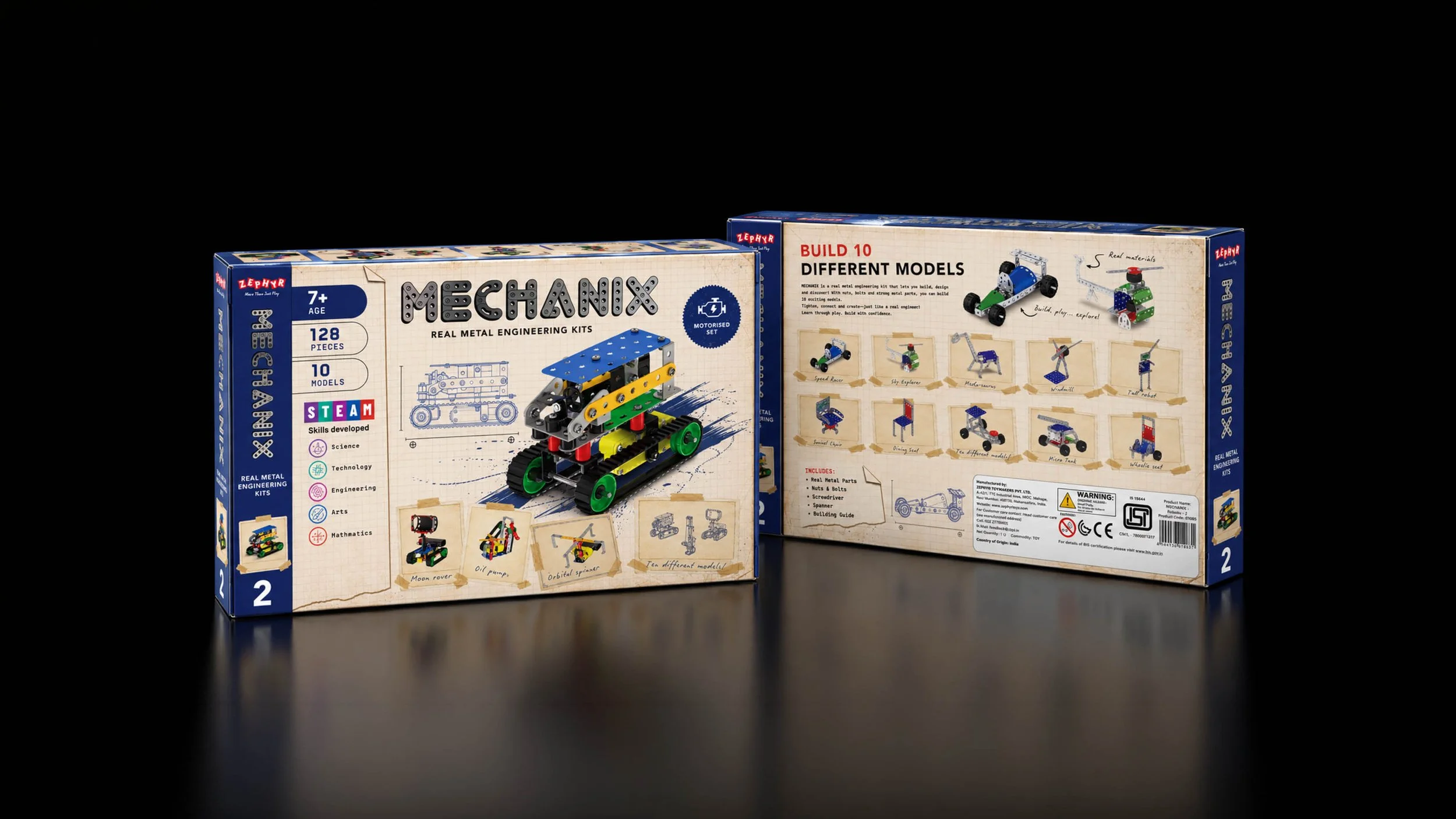 MECHANIX Starter Set toy packaging with engineering sketches, a metal construction car and red side panels.