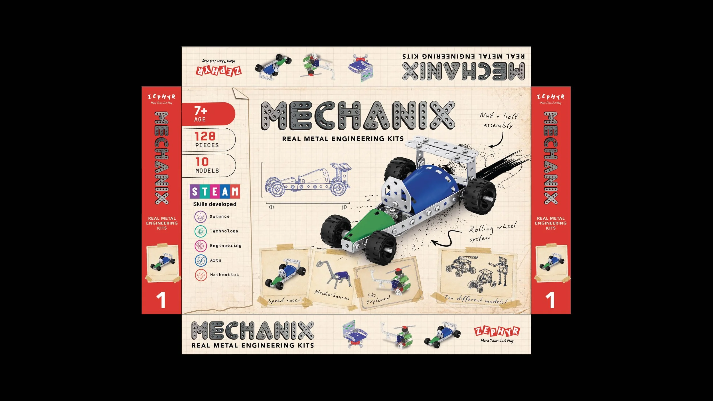 Flat MECHANIX Starter Set packaging artwork showing the front, side panels and top and bottom flaps.