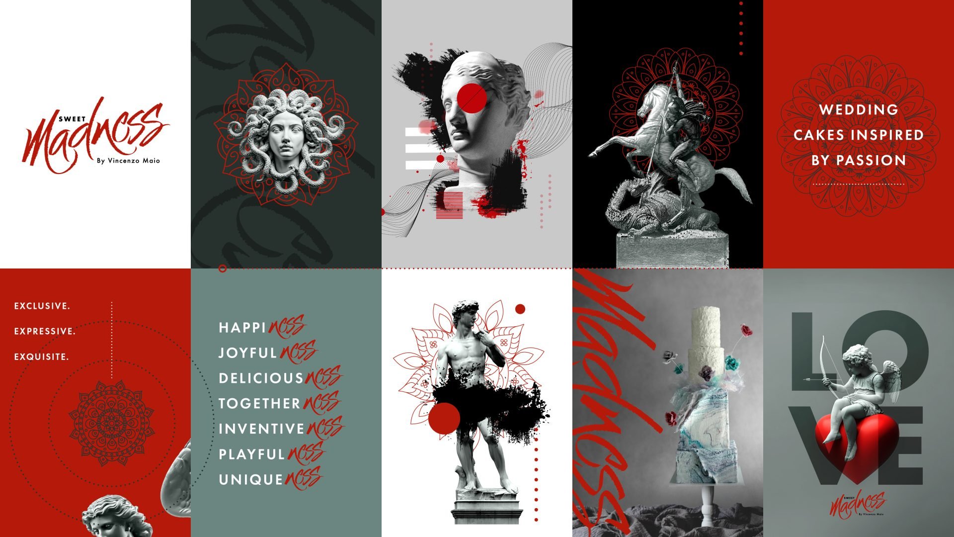 Explorations and variations of colours and layouts for the Sweet Madness branding
