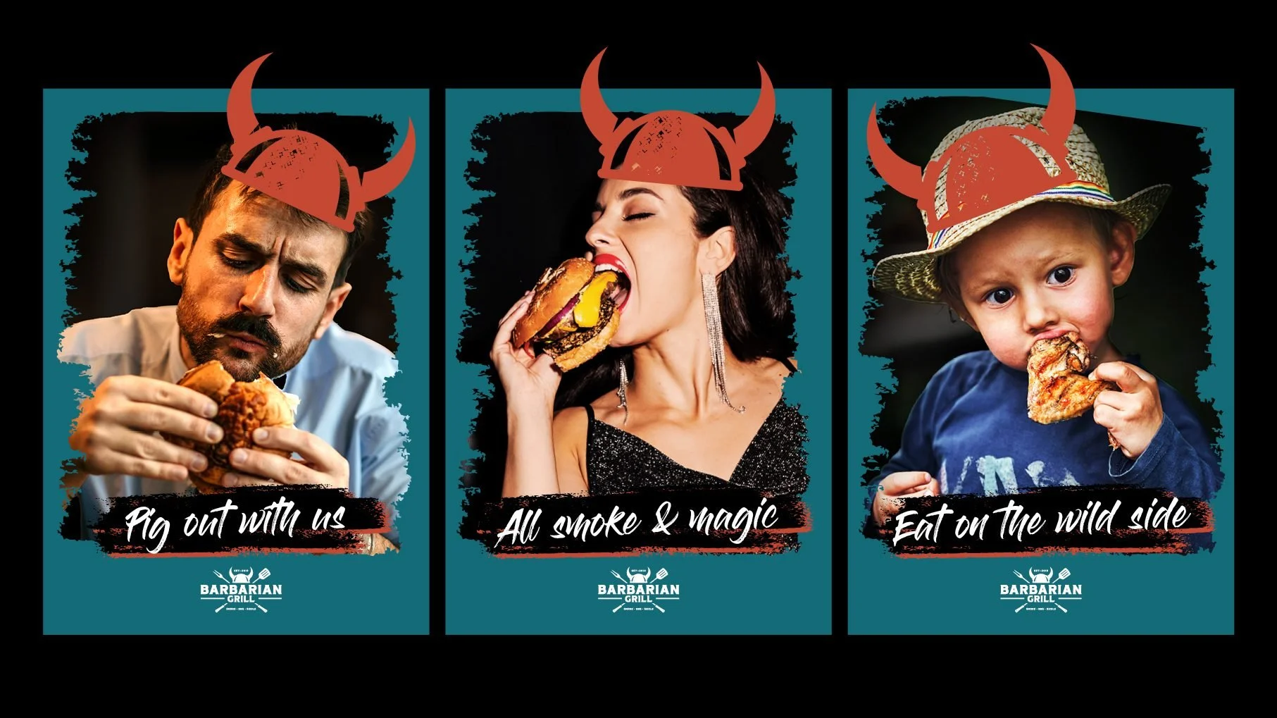 Master advertising campaign layouts for the Barbarian Grill rebrand by Toy Creative