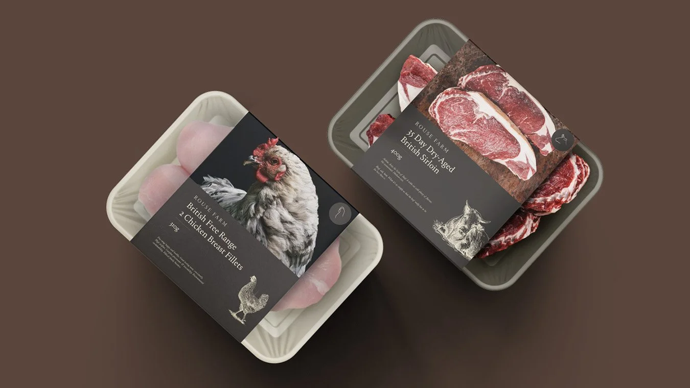 Packaging of raw chicken thighs and beef sirloin steaks with labels. The chicken thighs label features a chicken illustration, while the beef sirloin label has a cow illustration.