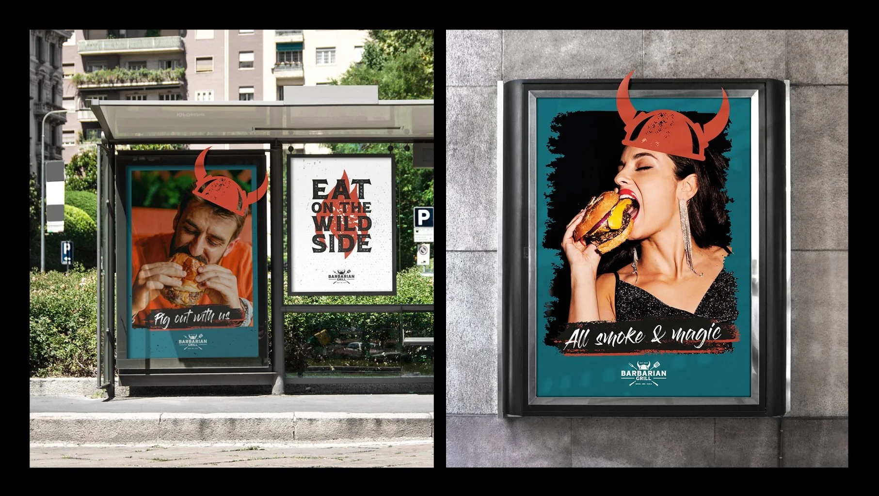 Bus advert and six-sheet advertising campaign for the Barbarian Grill rebrand