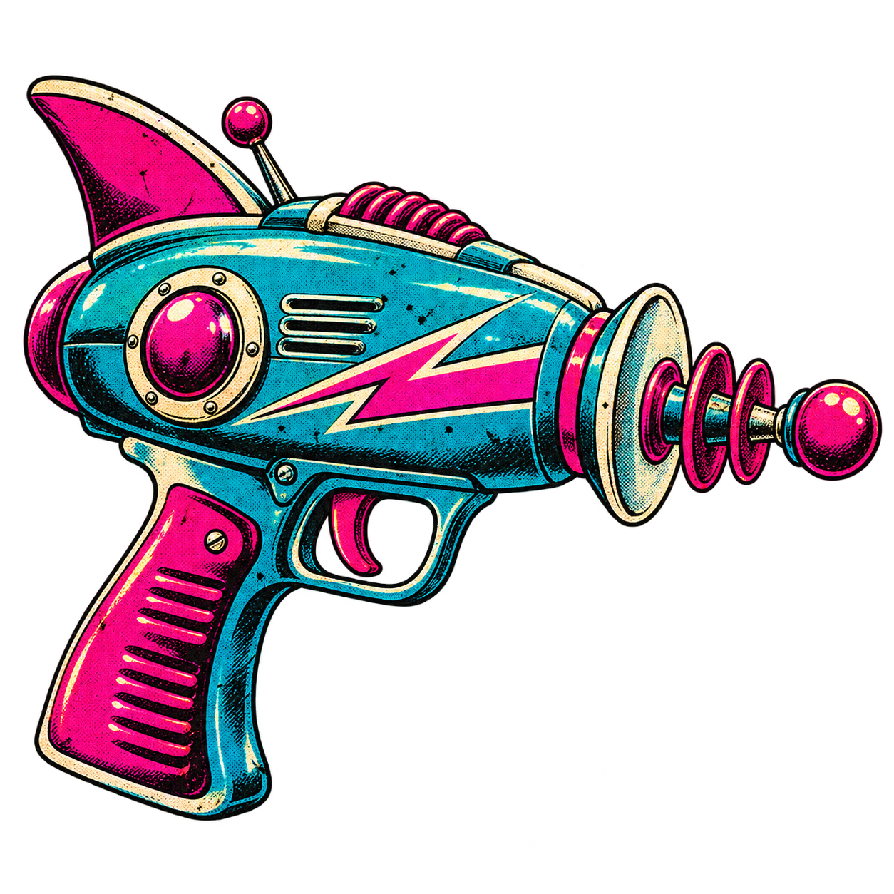 Colorful retro toy ray gun with pink, blue, and yellow accents, and a lightning bolt design on the side.