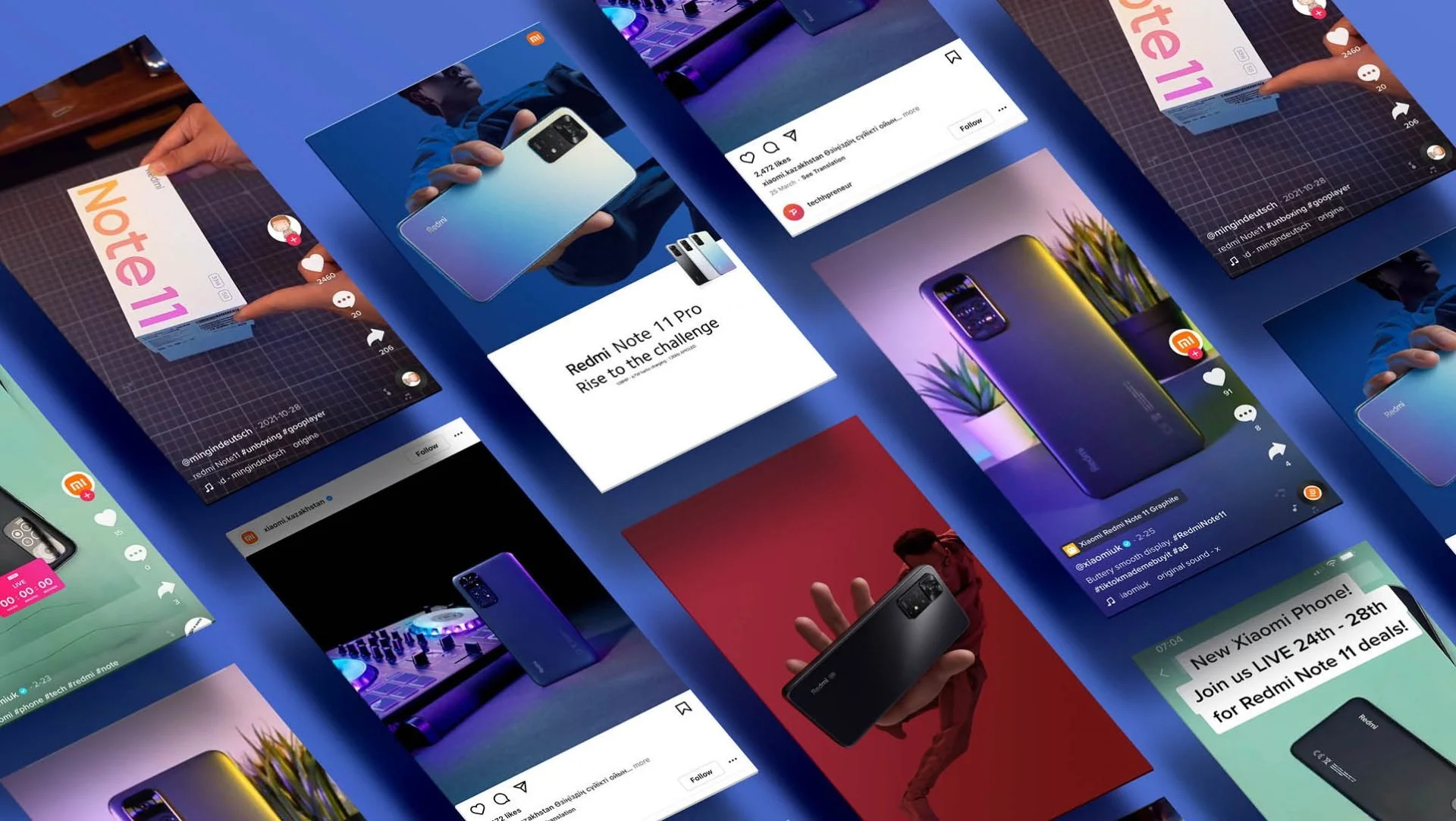 Collection of digital screens displaying various posts and advertisements for smartphones, including the Redmi Note 11 Pro, with colorful backgrounds, user interactions, and promotional messages.