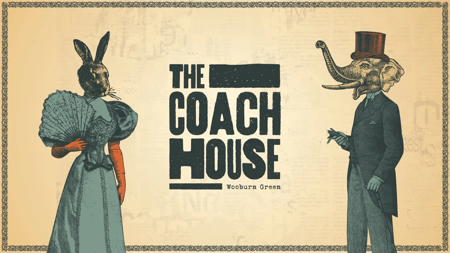 Vintage-style illustration of a rabbit in a dress holding a fan on the left, and an elephant in a suit with a top hat and monocle on the right, with the text 'The Coach House Wooburn Green' in the center.