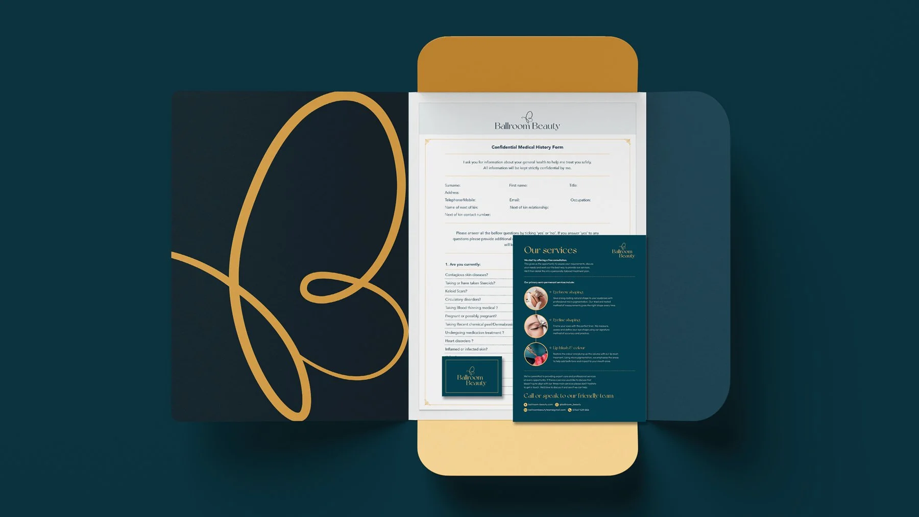 A flat-lay of a medical history form, brochure, and receptionist's card from Ballroom Beauty on a dark teal background with a gold decorative design.