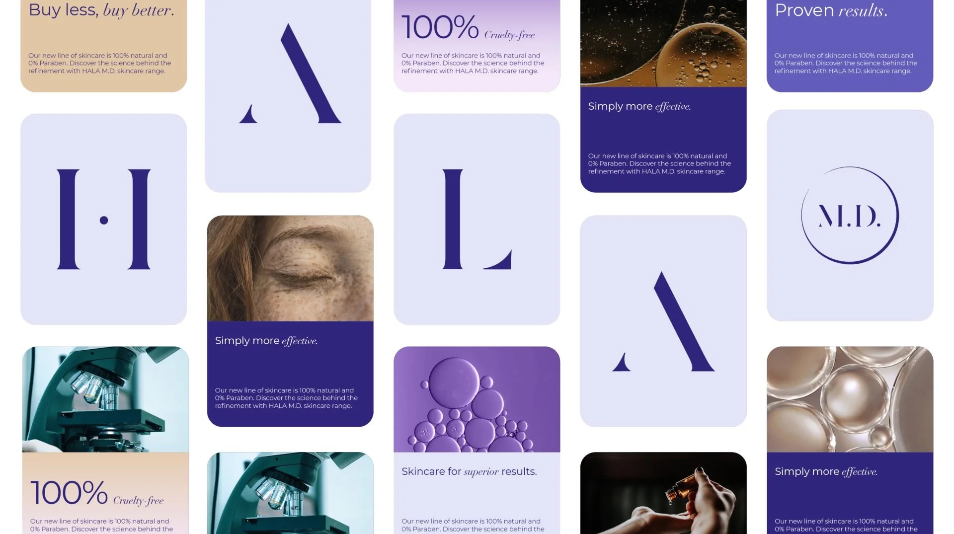 A collage of skincare promotional advertisements featuring skincare products, scientific imagery, and text emphasizing natural ingredients, cruelty-free testing, effectiveness, and scientific research.