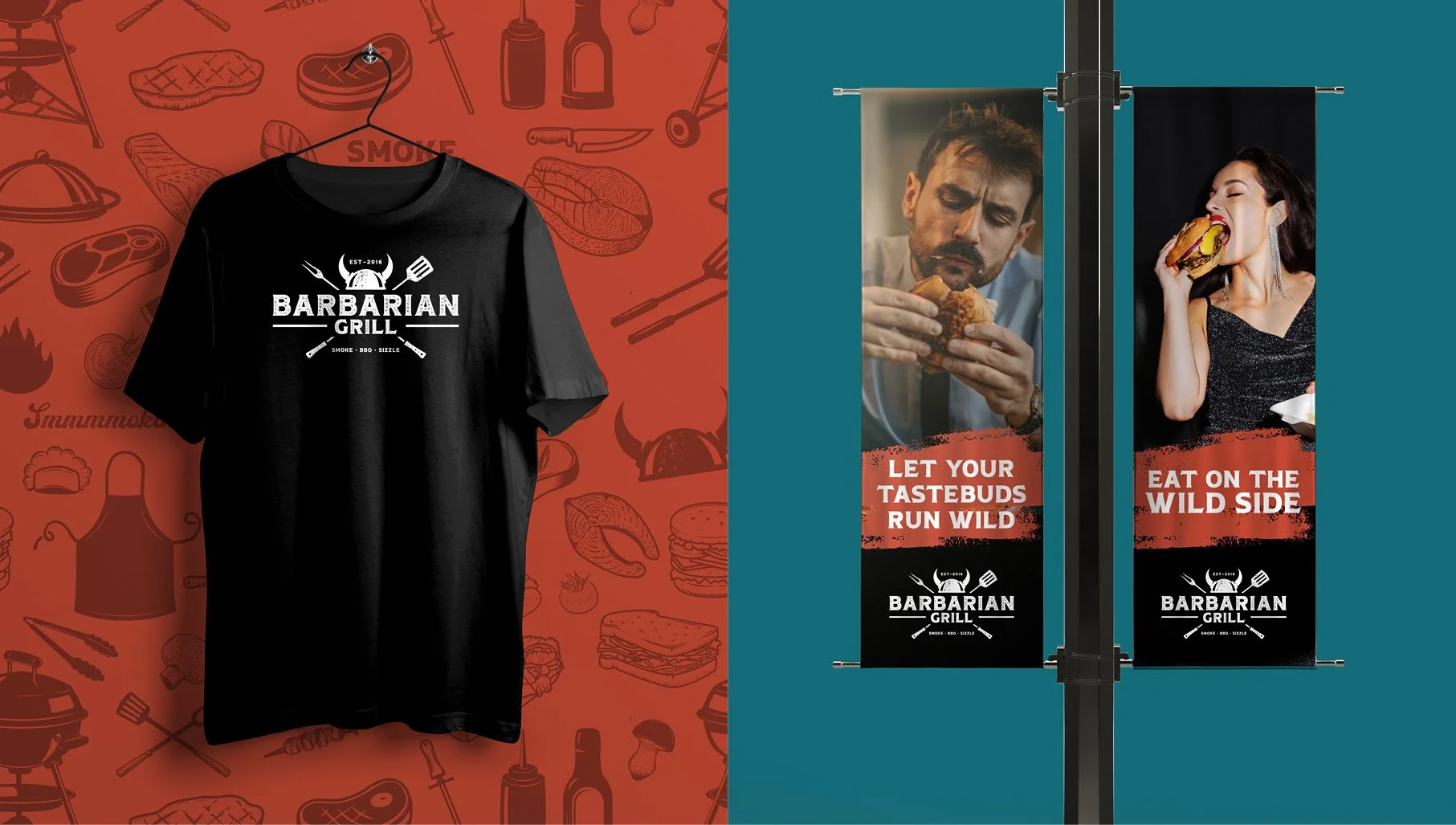 Printed branded t-shirt and street signage for the Barbarian Grill rebrand