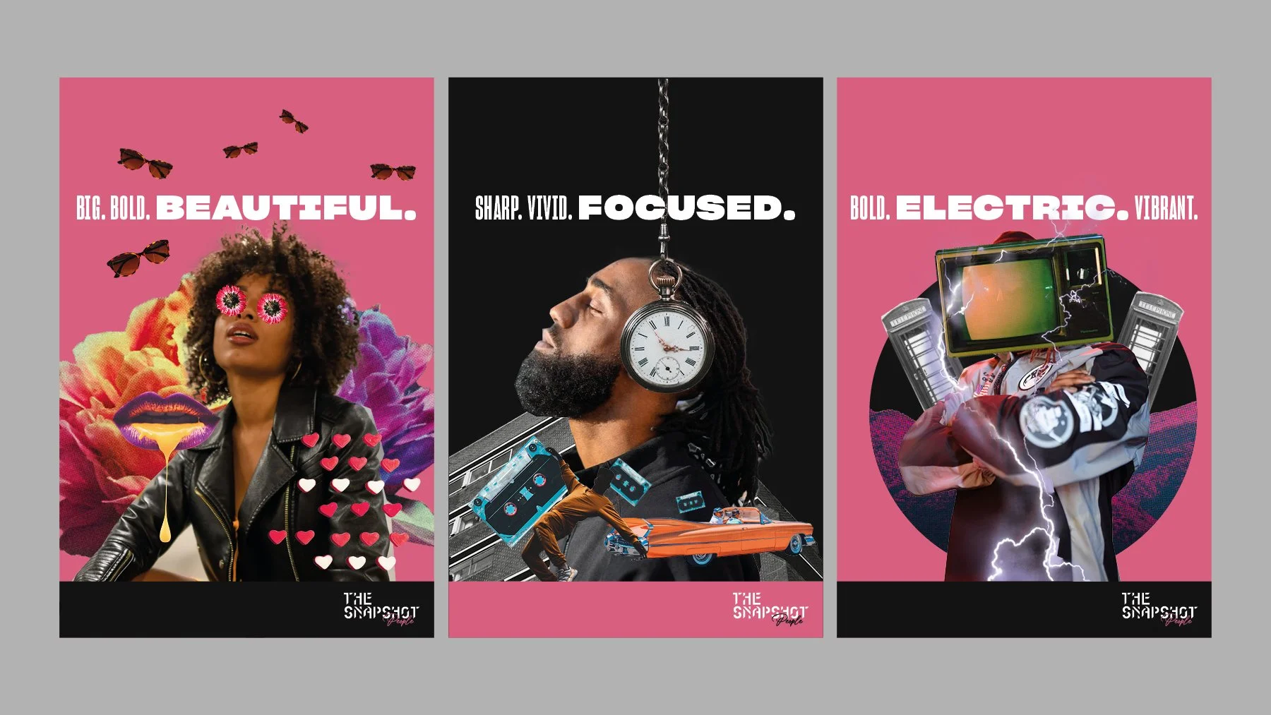 A collage of three vibrant posters. The first features a woman with curly hair, pink blooming flowers, butterflies, and a large lip with a drip, with the text "BIG. BOLD. BEAUTIFUL." The second shows a bearded man with headphones, a pocket watch, cassette tapes, and a vintage car, with the text "SHARP. VIVID. FOCUSED." The third has a person with a television for a head, surrounded by lightning, and a background of mountains and pink sky, with the text "BOLD. ELECTRIC. VIBRANT."