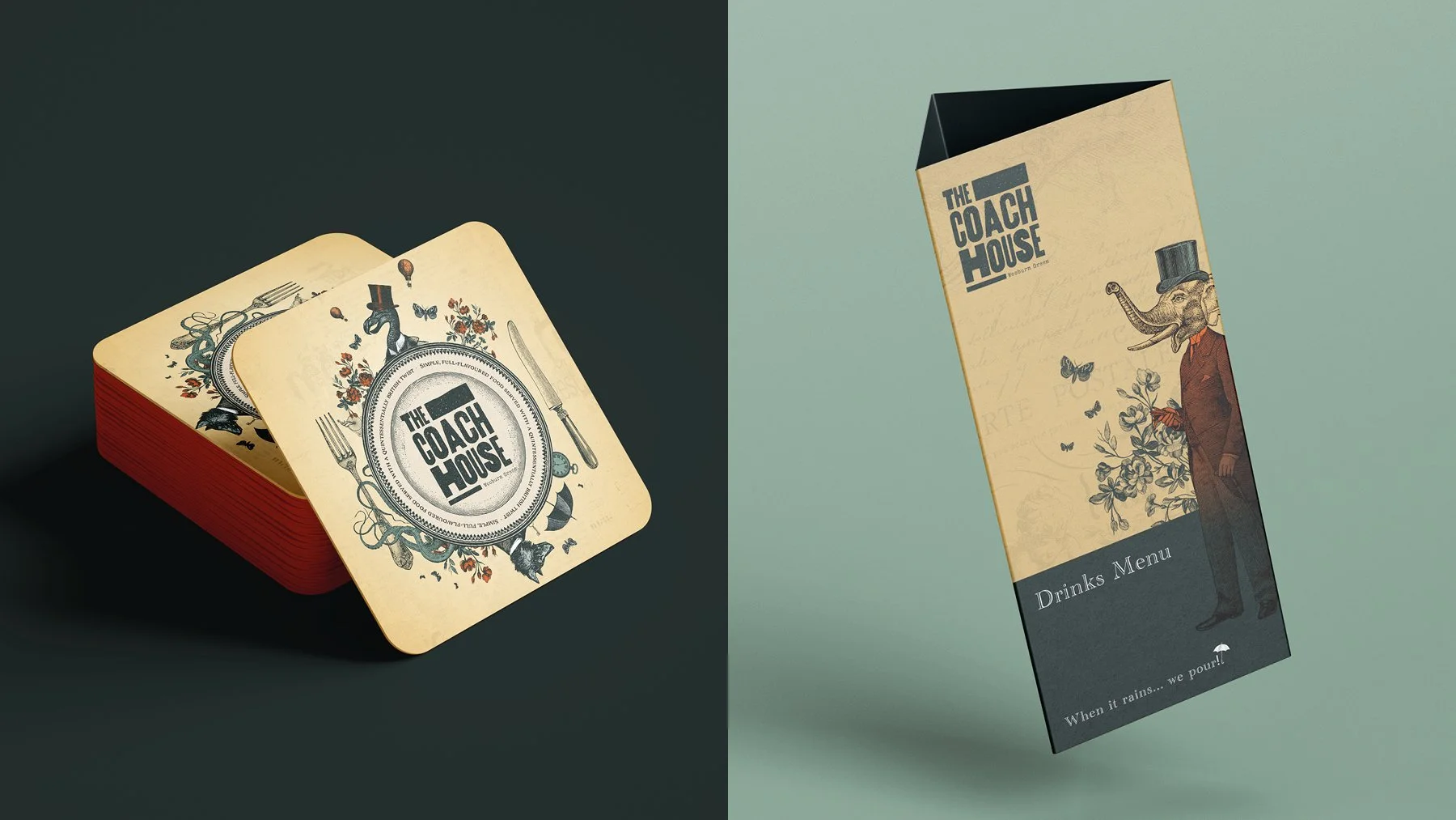A tent card and beer coasters designed and printed for the new pub rebrand