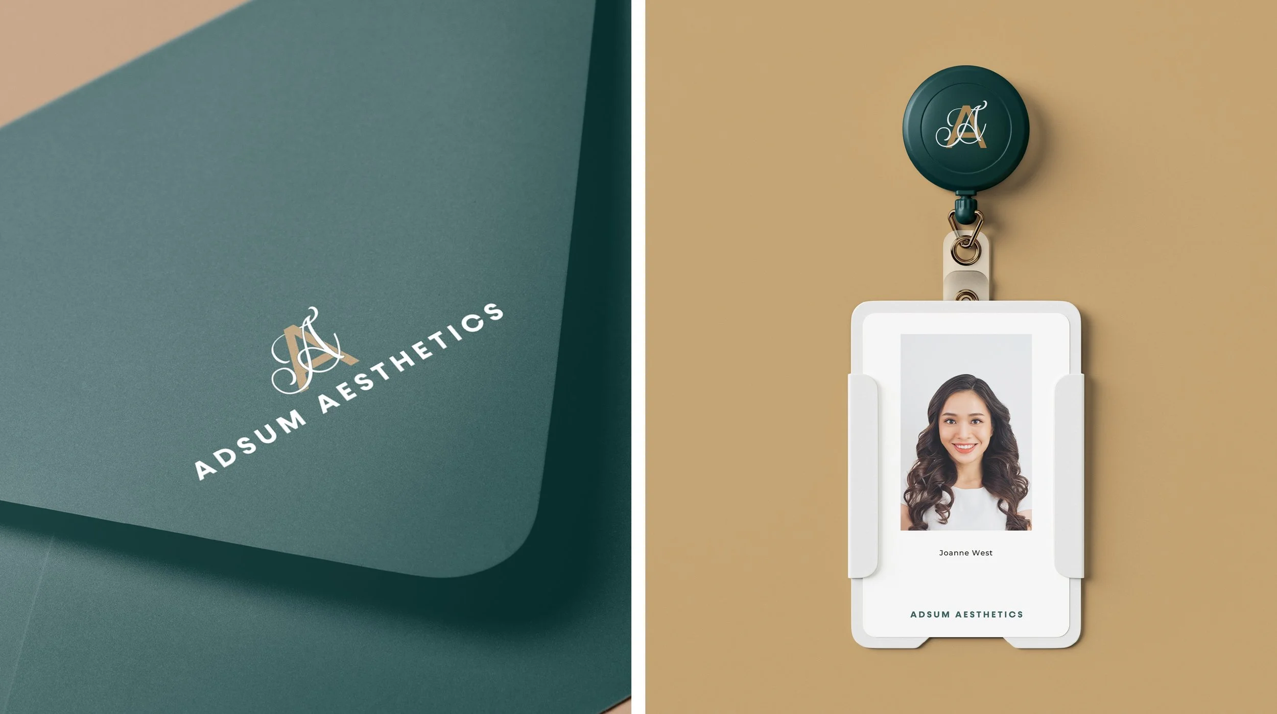 Adsum Aesthetics envelope branding and photo ID badges created by Toy Creative